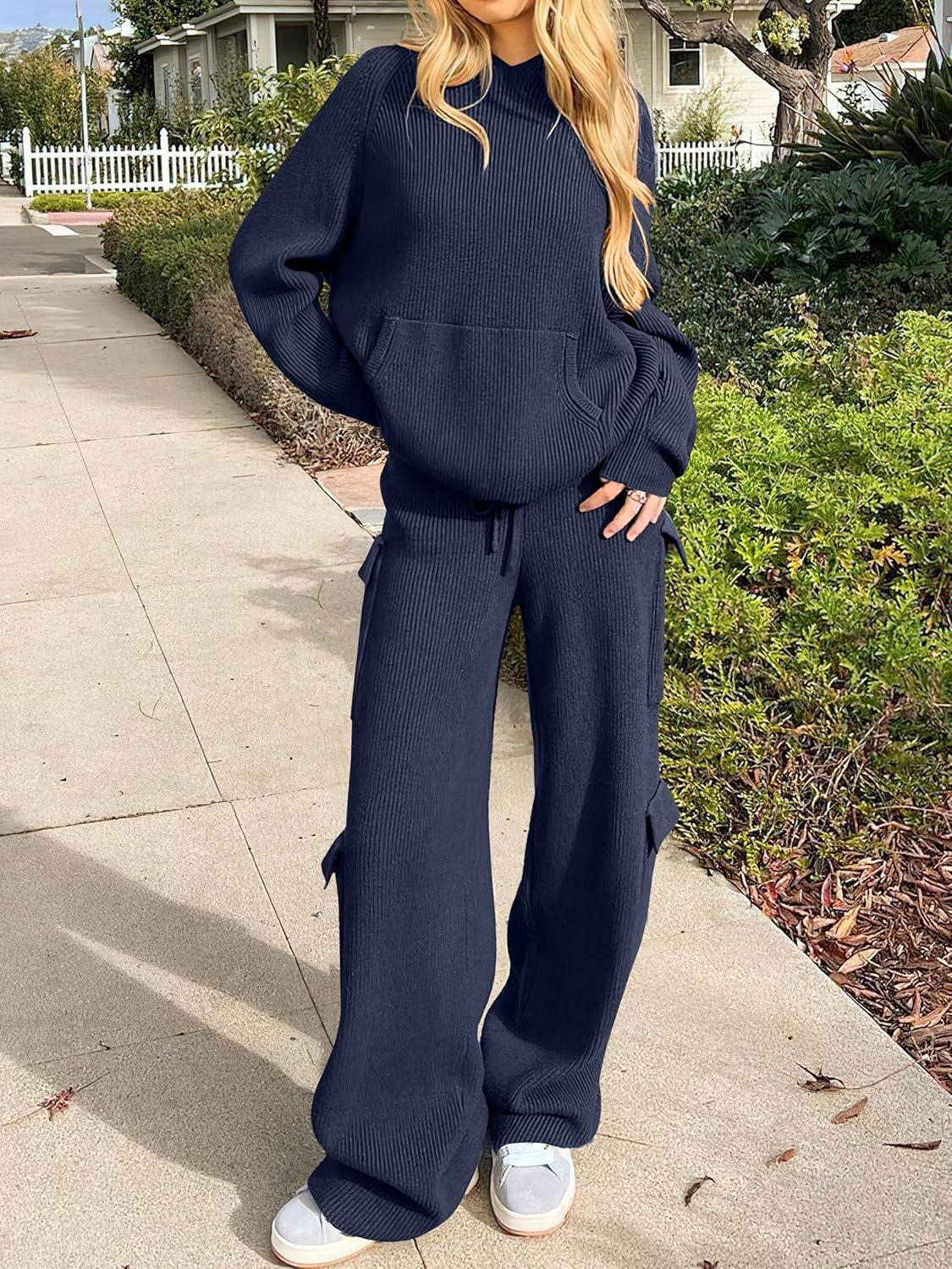 imageANRABESS Womens Two Piece Outfits Casual Knit Hooded Sweater Straight Leg Pants Set 2025 Fall Lounge Travel ClothesNavy Blue