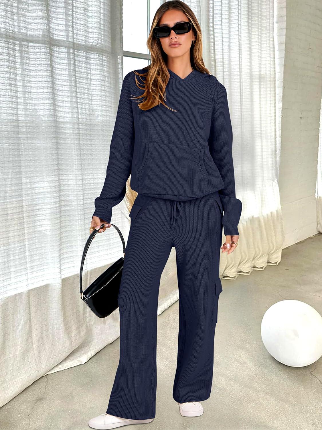 imageANRABESS Womens Two Piece Outfits Casual Knit Hooded Sweater Straight Leg Pants Set 2025 Fall Lounge Travel ClothesNavy Blue