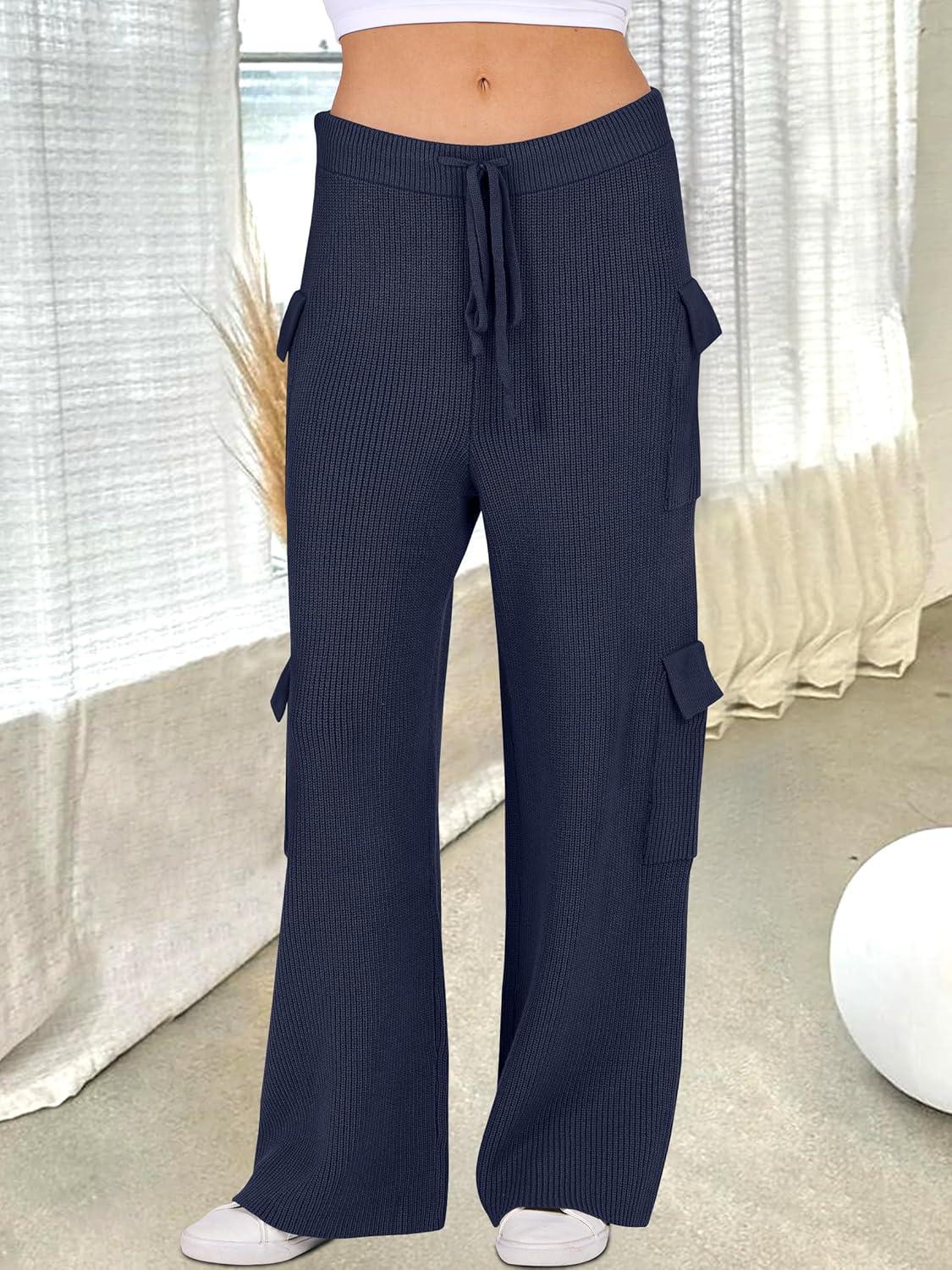 imageANRABESS Womens Two Piece Outfits Casual Knit Hooded Sweater Straight Leg Pants Set 2025 Fall Lounge Travel ClothesNavy Blue