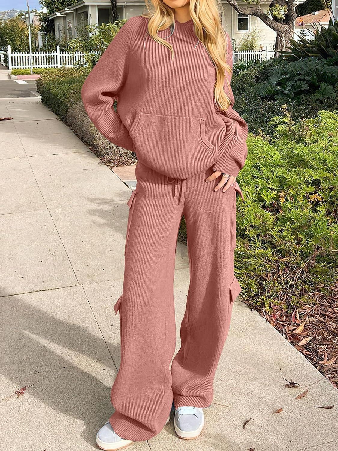 imageANRABESS Womens Two Piece Outfits Casual Knit Hooded Sweater Straight Leg Pants Set 2025 Fall Lounge Travel ClothesRust