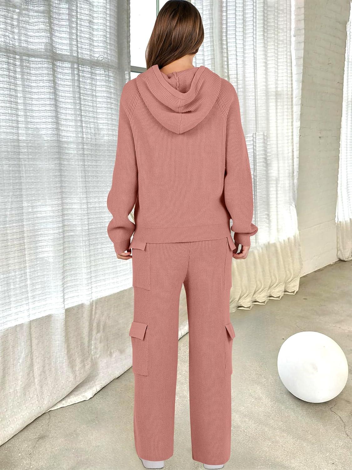 imageANRABESS Womens Two Piece Outfits Casual Knit Hooded Sweater Straight Leg Pants Set 2025 Fall Lounge Travel ClothesRust