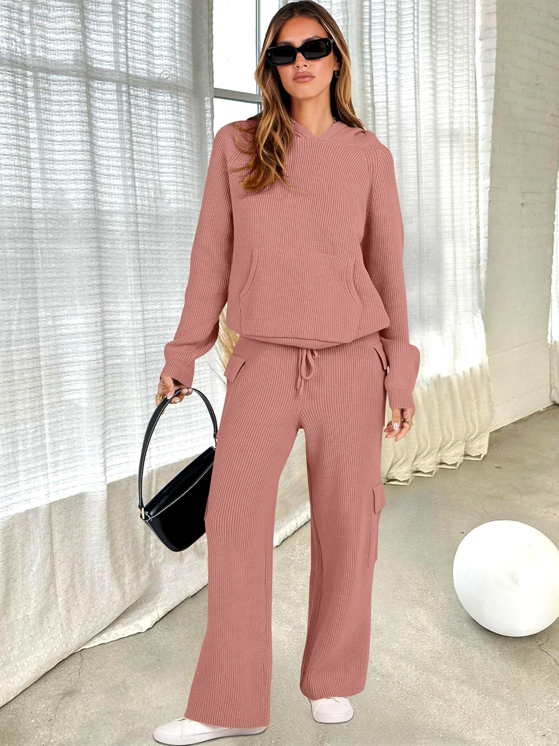 imageANRABESS Womens Two Piece Outfits Casual Knit Hooded Sweater Straight Leg Pants Set 2025 Fall Lounge Travel ClothesRust