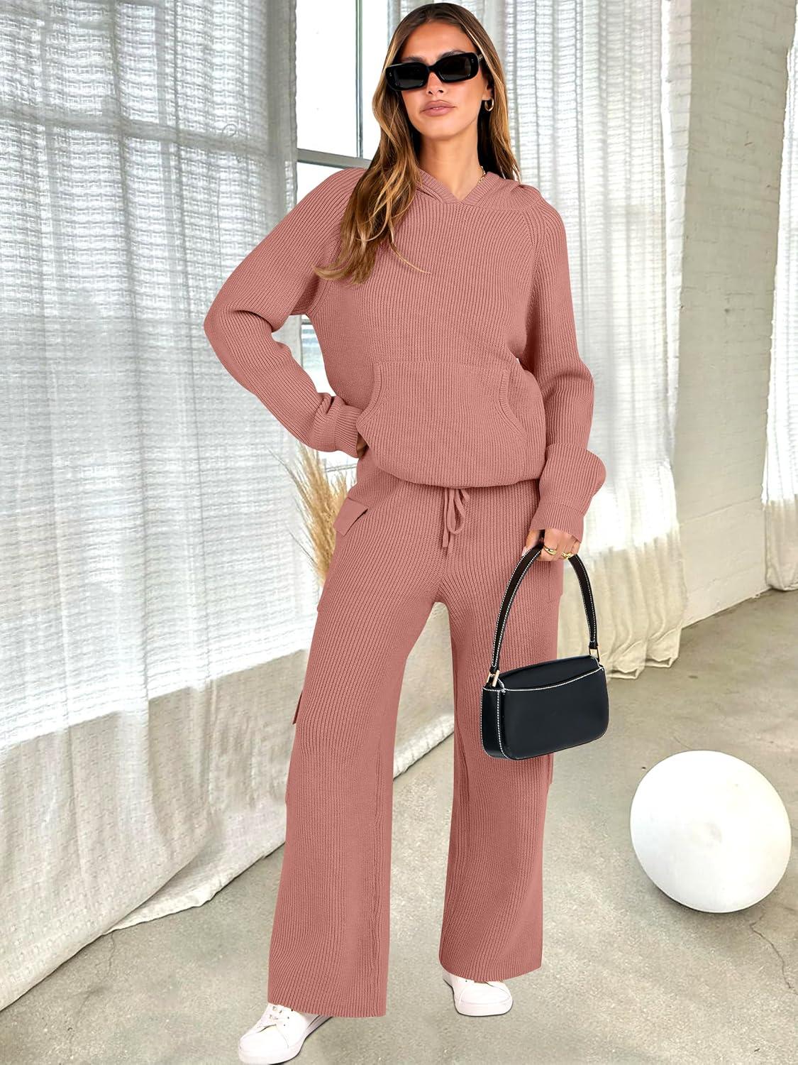 imageANRABESS Womens Two Piece Outfits Casual Knit Hooded Sweater Straight Leg Pants Set 2025 Fall Lounge Travel ClothesRust