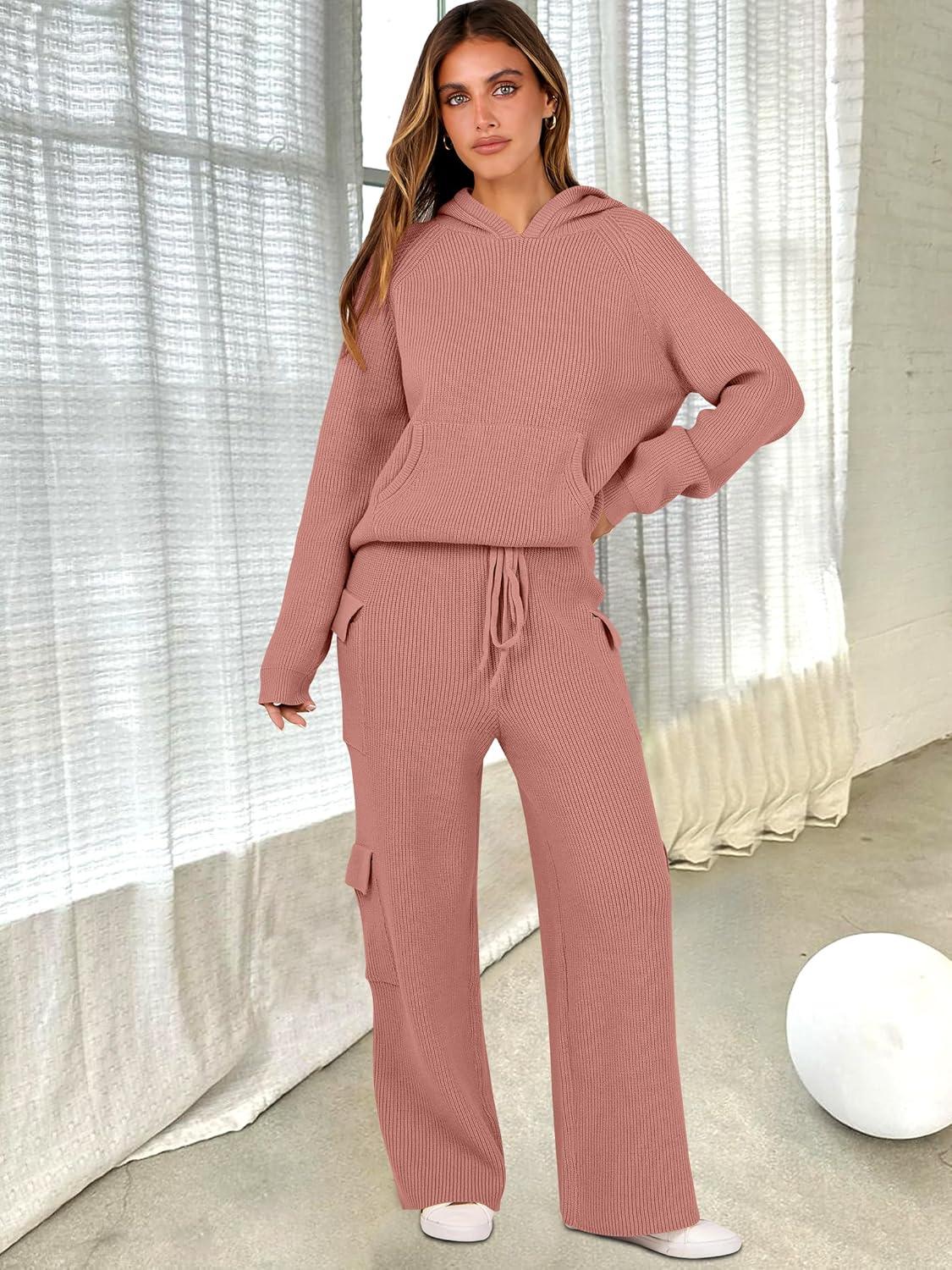 imageANRABESS Womens Two Piece Outfits Casual Knit Hooded Sweater Straight Leg Pants Set 2025 Fall Lounge Travel ClothesRust