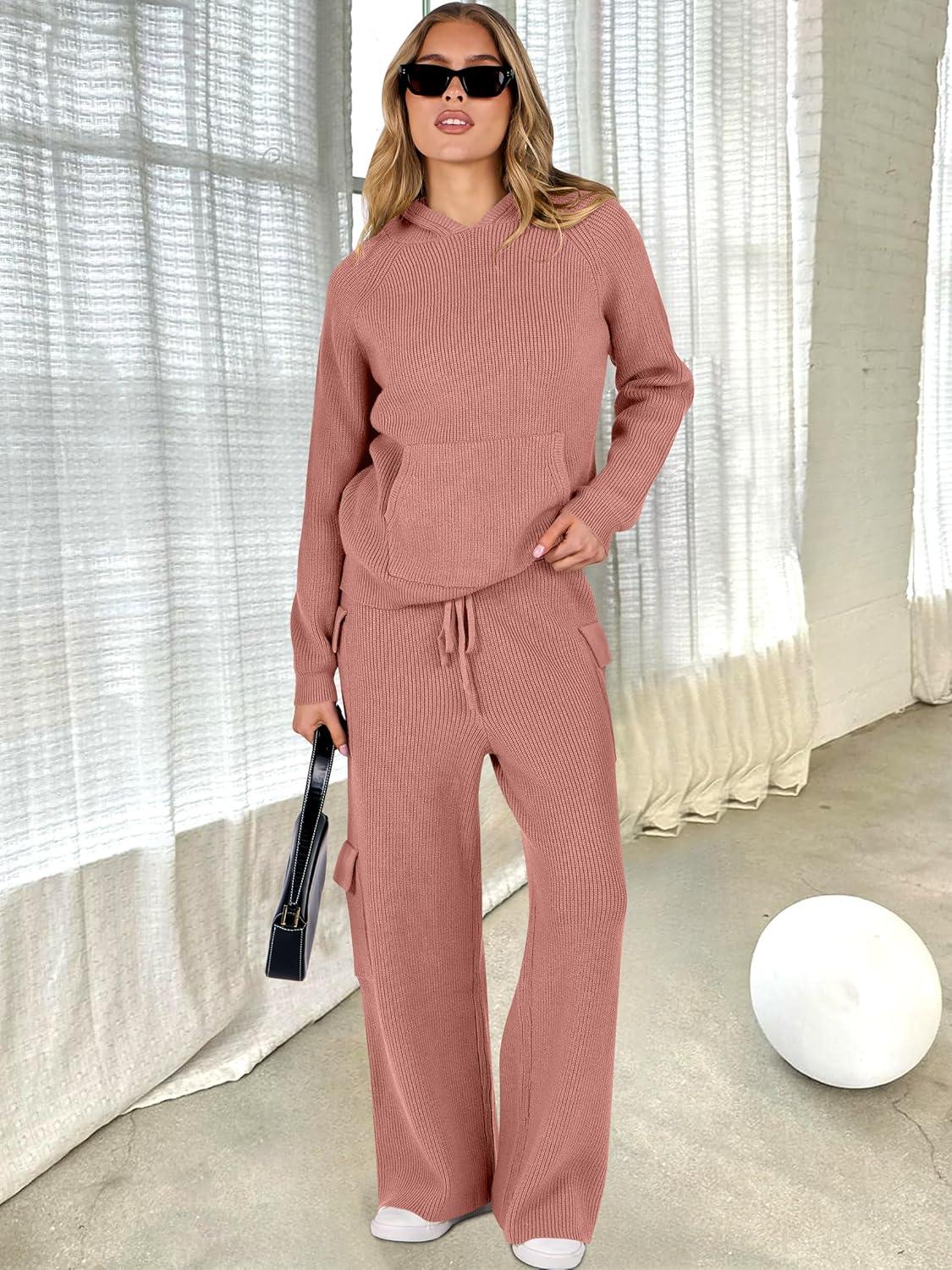 imageANRABESS Womens Two Piece Outfits Casual Knit Hooded Sweater Straight Leg Pants Set 2025 Fall Lounge Travel ClothesRust