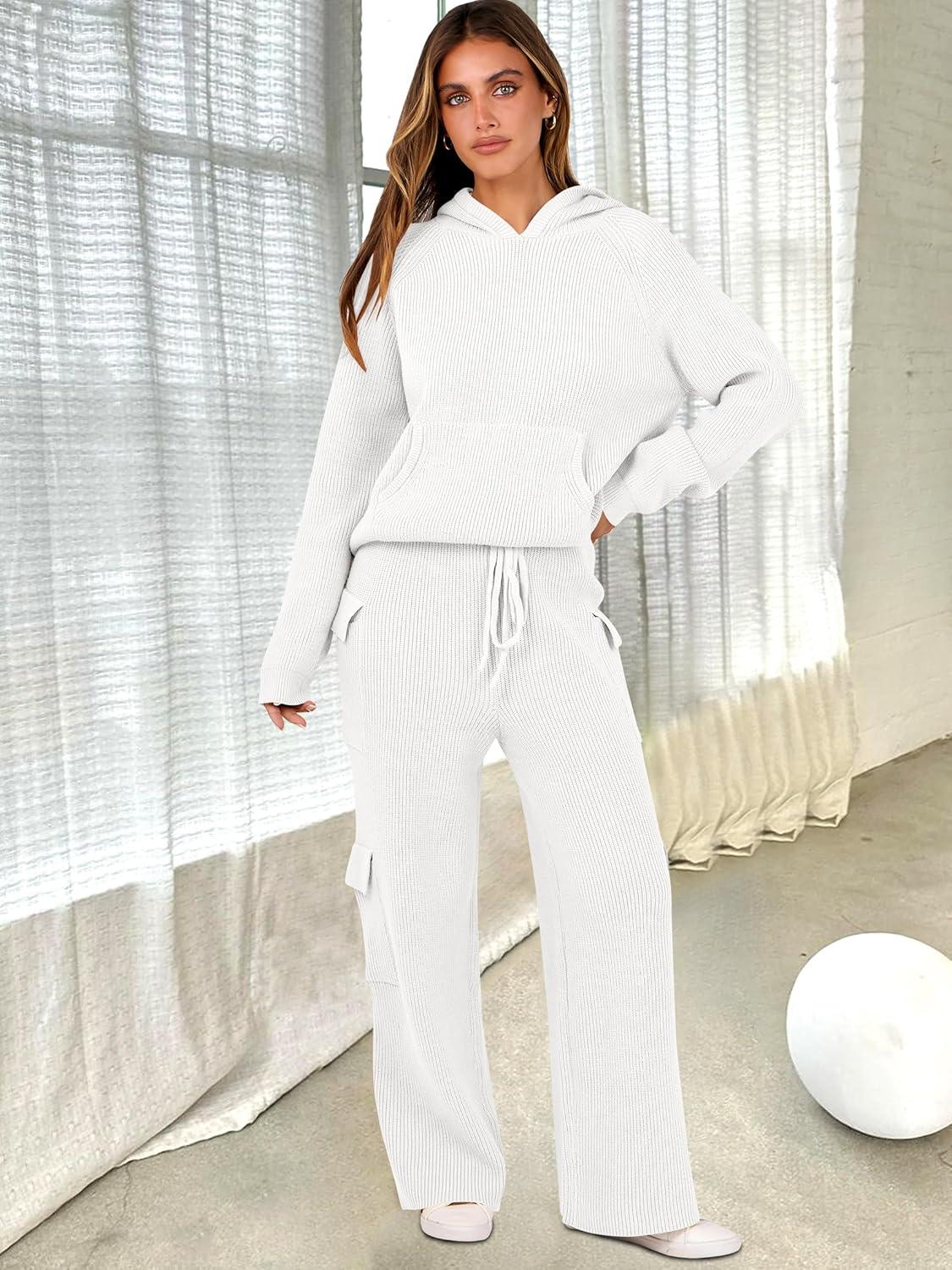 imageANRABESS Womens Two Piece Outfits Casual Knit Hooded Sweater Straight Leg Pants Set 2025 Fall Lounge Travel ClothesWhite