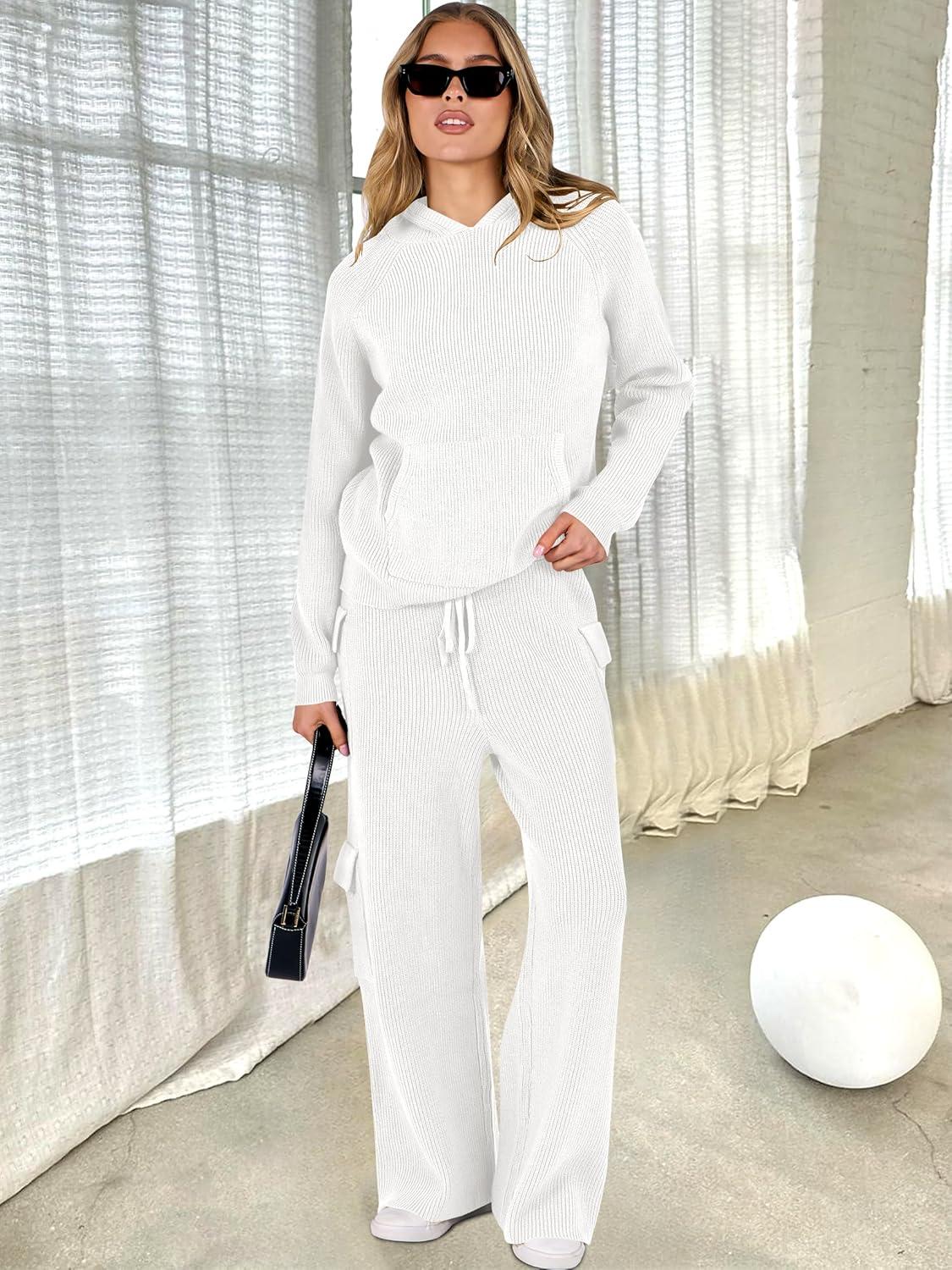 imageANRABESS Womens Two Piece Outfits Casual Knit Hooded Sweater Straight Leg Pants Set 2025 Fall Lounge Travel ClothesWhite