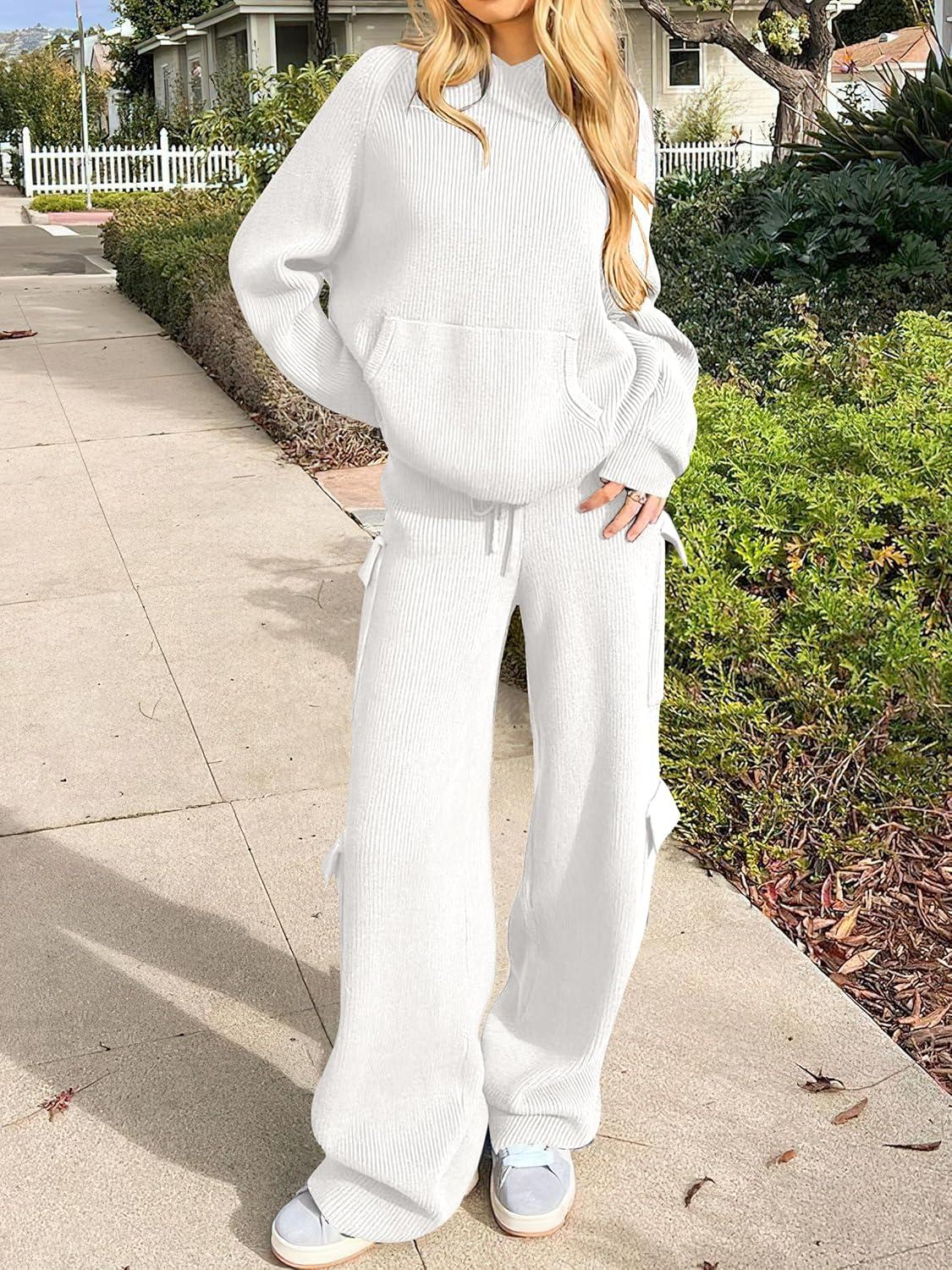 imageANRABESS Womens Two Piece Outfits Casual Knit Hooded Sweater Straight Leg Pants Set 2025 Fall Lounge Travel ClothesWhite