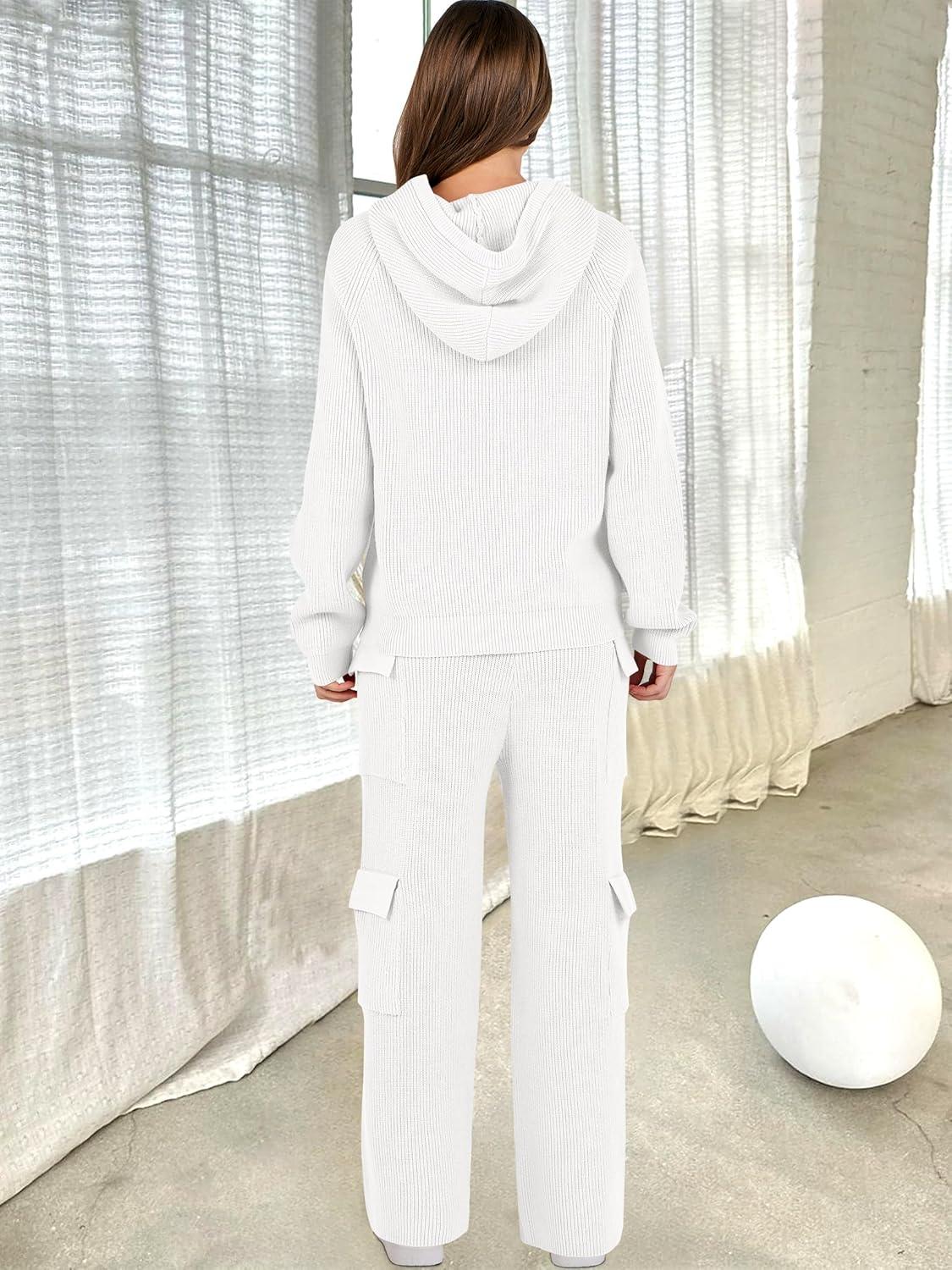 imageANRABESS Womens Two Piece Outfits Casual Knit Hooded Sweater Straight Leg Pants Set 2025 Fall Lounge Travel ClothesWhite