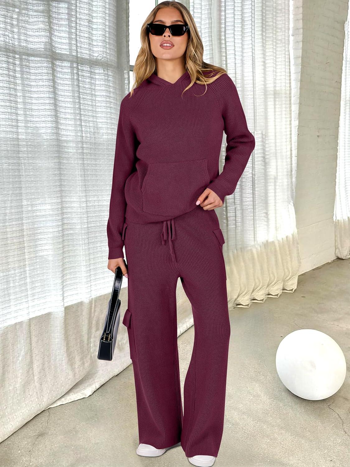 imageANRABESS Womens Two Piece Outfits Casual Knit Hooded Sweater Straight Leg Pants Set 2025 Fall Lounge Travel ClothesWine Red