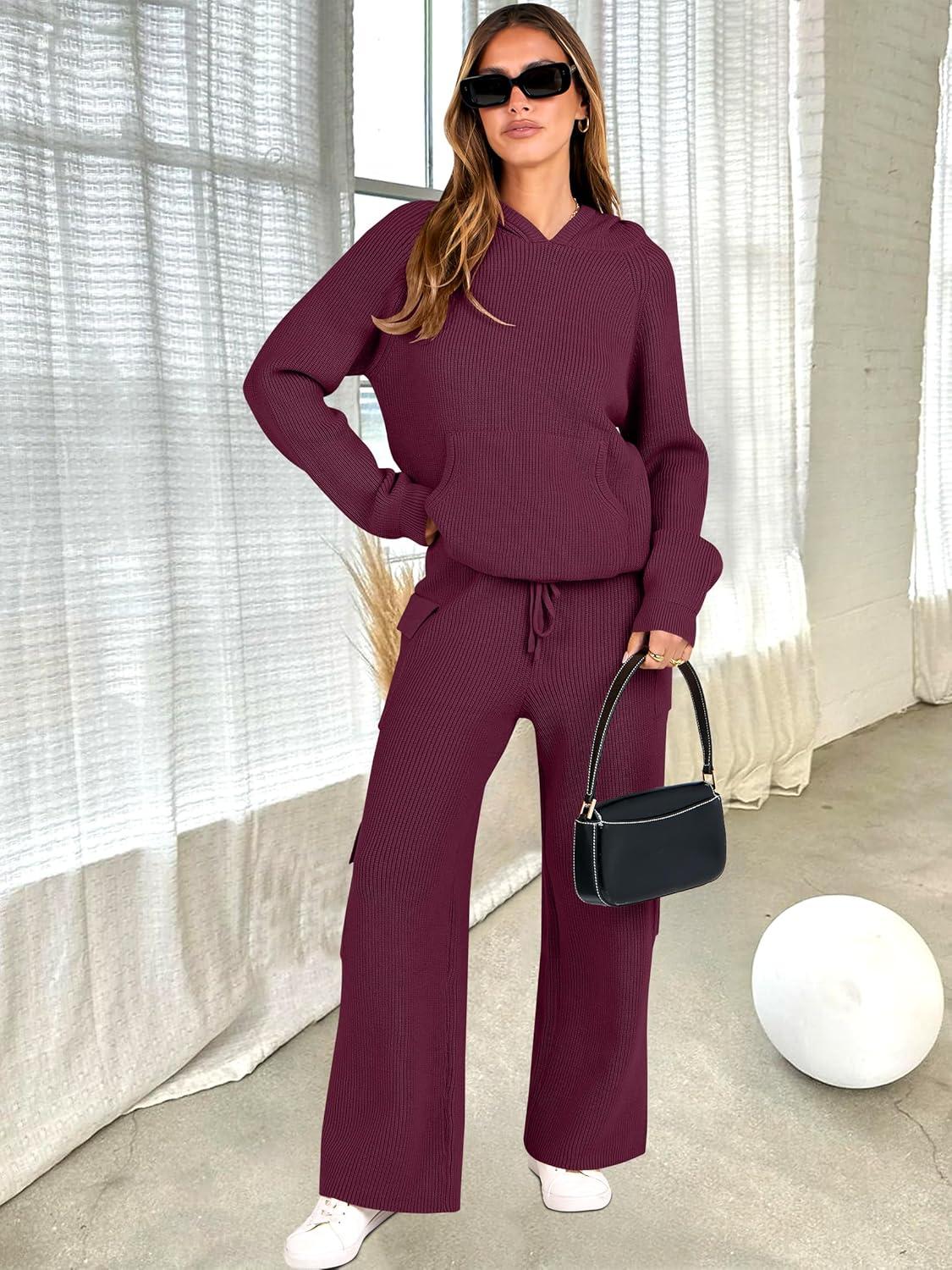 imageANRABESS Womens Two Piece Outfits Casual Knit Hooded Sweater Straight Leg Pants Set 2025 Fall Lounge Travel ClothesWine Red