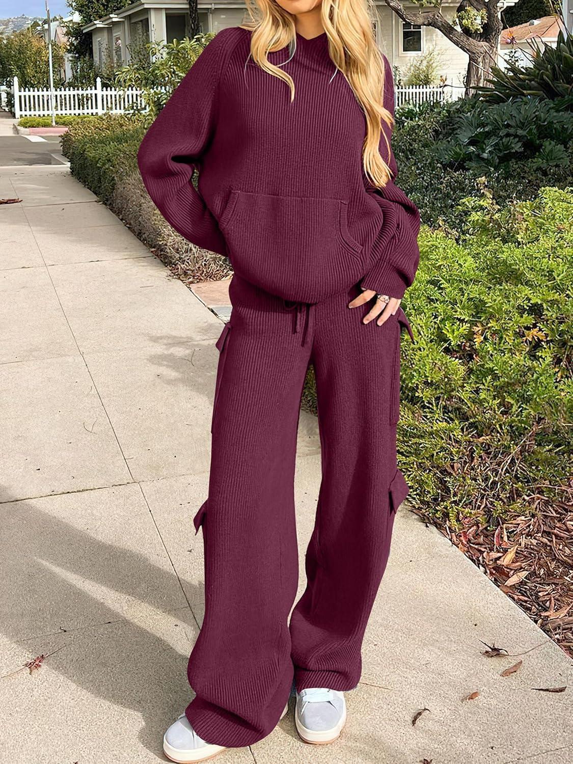 imageANRABESS Womens Two Piece Outfits Casual Knit Hooded Sweater Straight Leg Pants Set 2025 Fall Lounge Travel ClothesWine Red