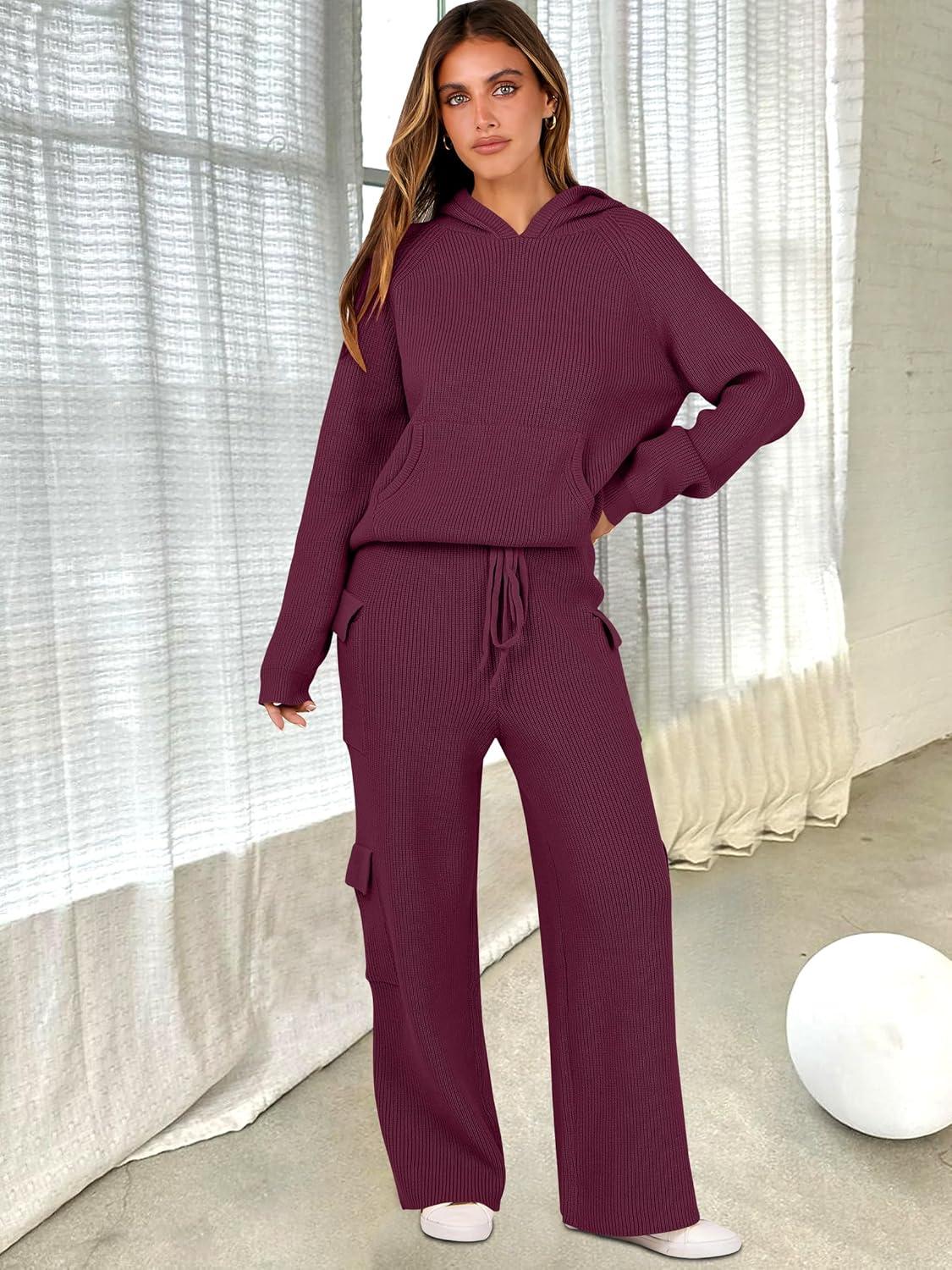 imageANRABESS Womens Two Piece Outfits Casual Knit Hooded Sweater Straight Leg Pants Set 2025 Fall Lounge Travel ClothesWine Red