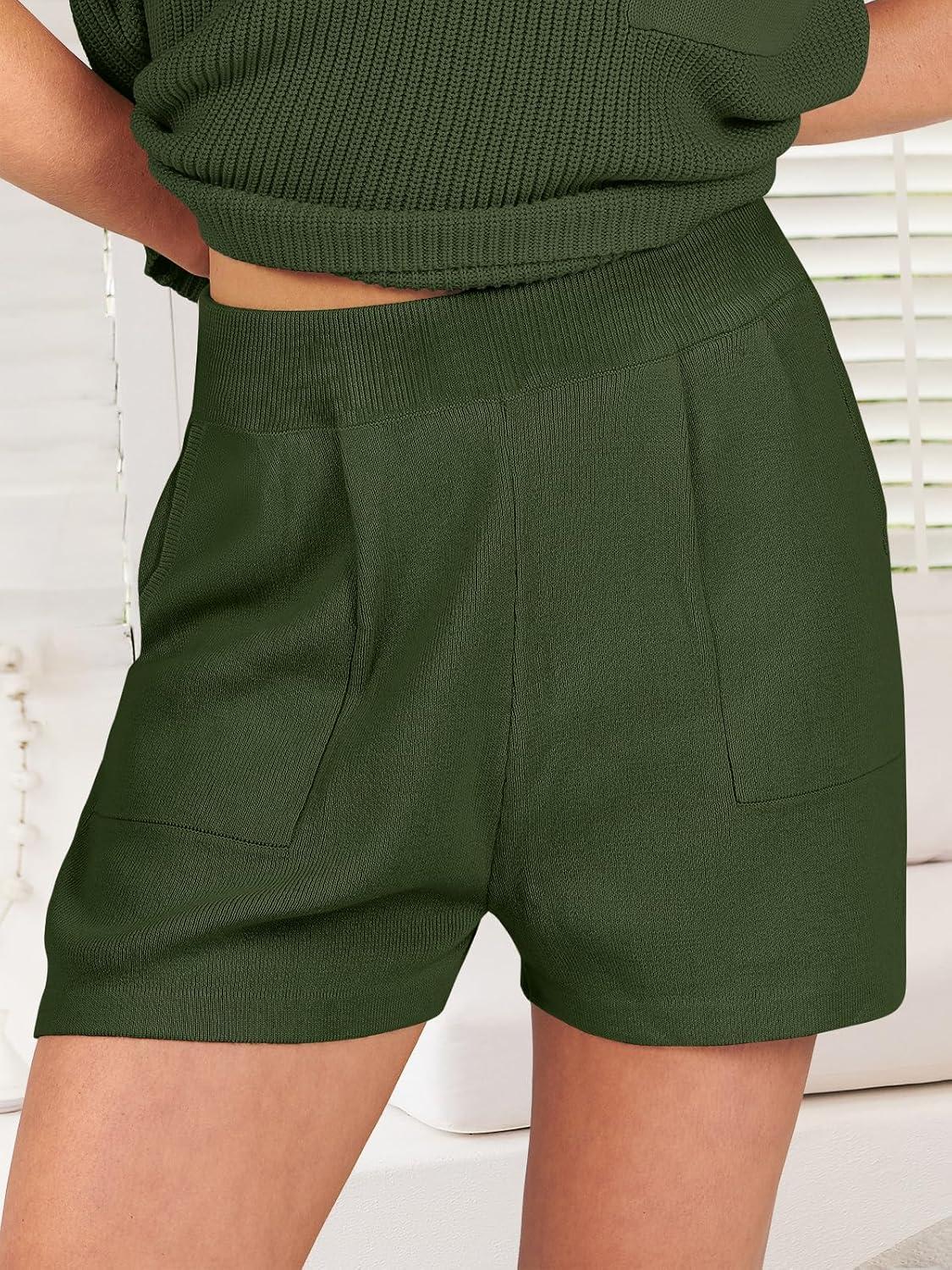 imageANRABESS Womens Two Piece Summer Outfits Knit Sweater Short Sets Pullover Tops ampamp Shorts Lounge Matching Clothes SetArmy Green