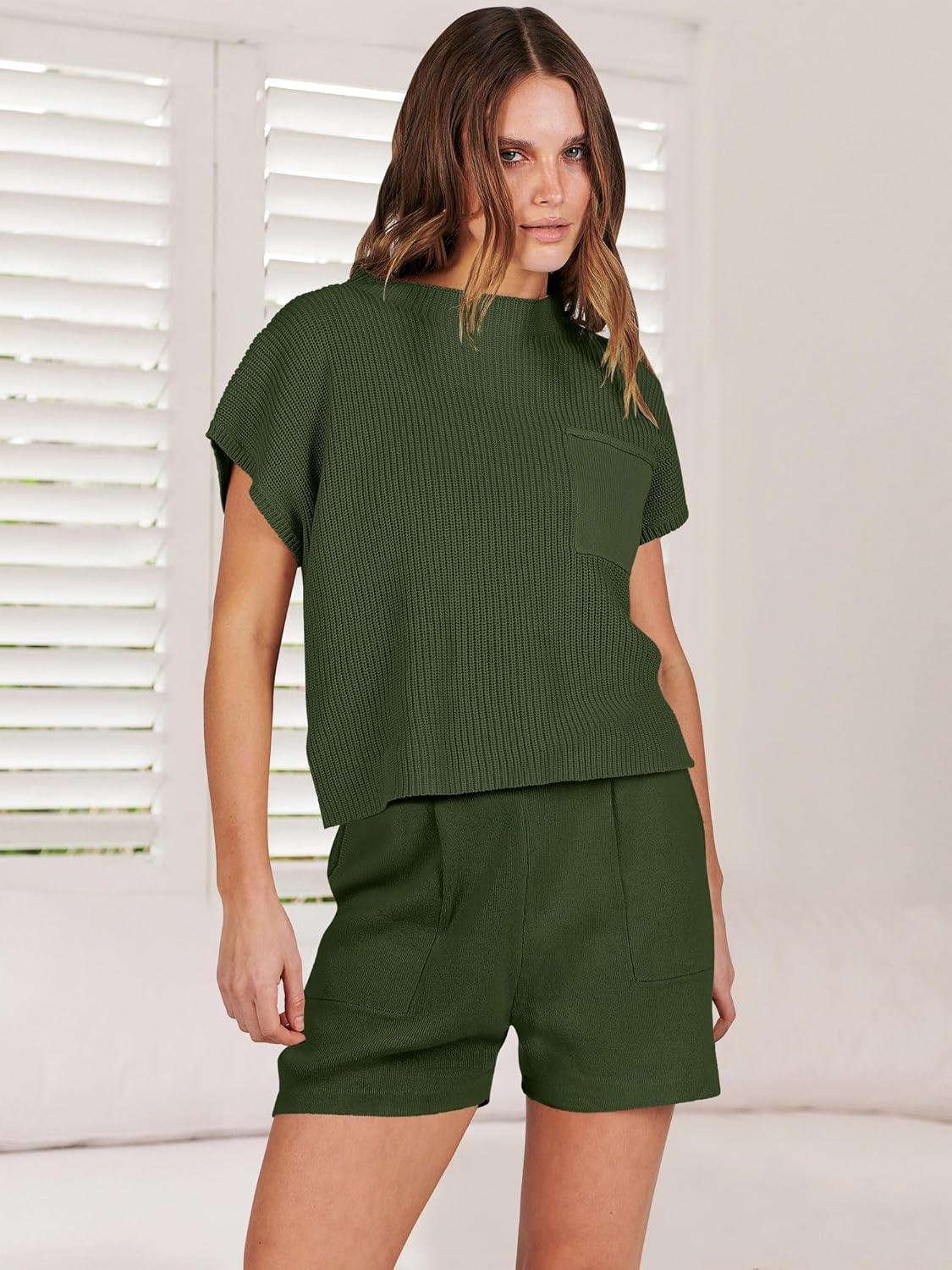 imageANRABESS Womens Two Piece Summer Outfits Knit Sweater Short Sets Pullover Tops ampamp Shorts Lounge Matching Clothes SetArmy Green