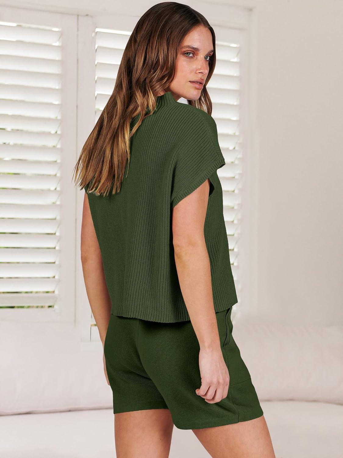 imageANRABESS Womens Two Piece Summer Outfits Knit Sweater Short Sets Pullover Tops ampamp Shorts Lounge Matching Clothes SetArmy Green