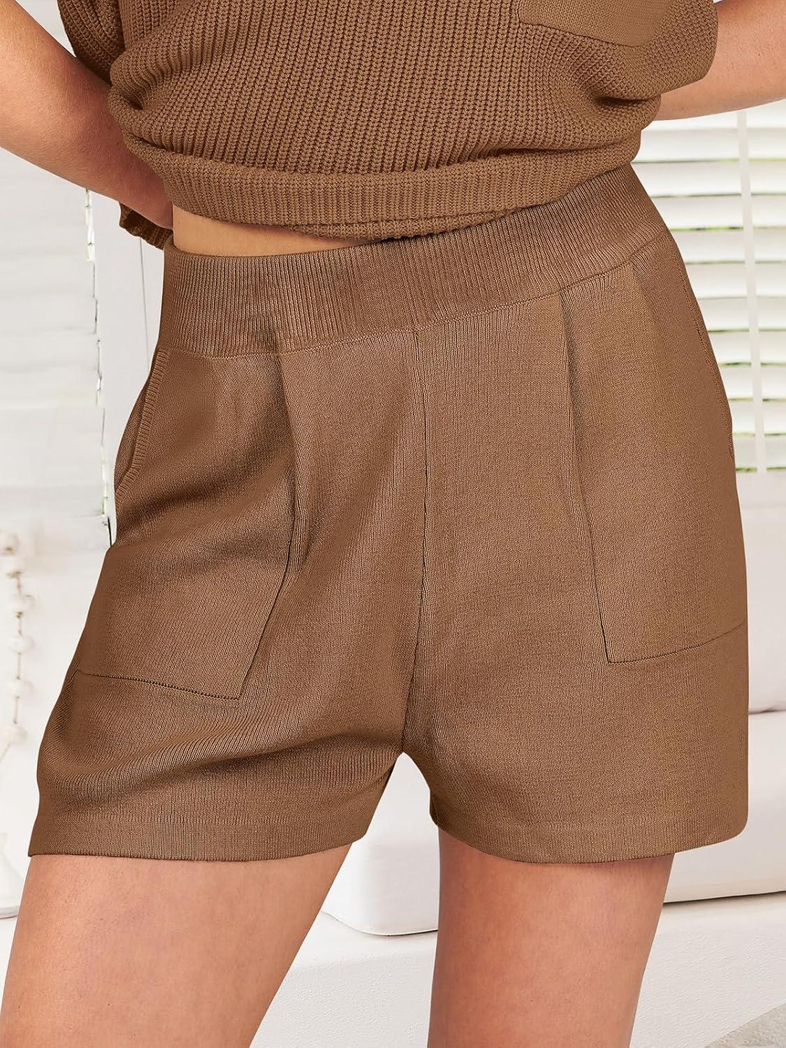 imageANRABESS Womens Two Piece Summer Outfits Knit Sweater Short Sets Pullover Tops ampamp Shorts Lounge Matching Clothes SetDeep Brown