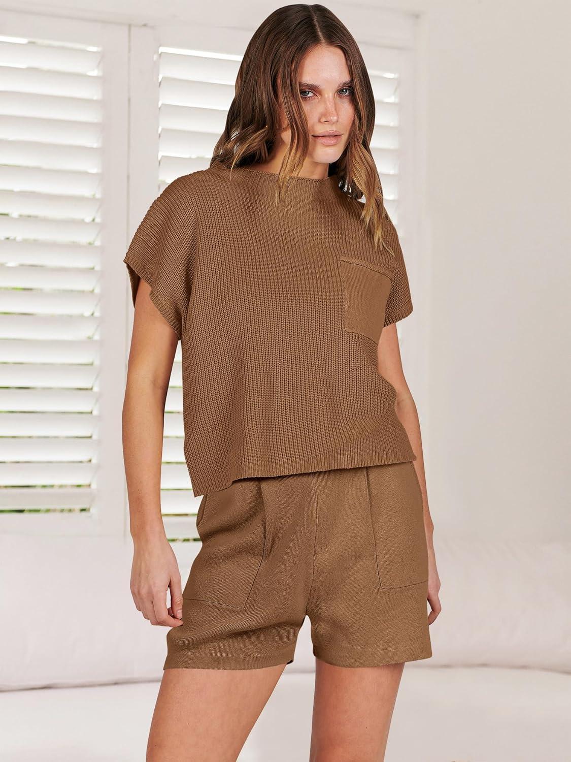 imageANRABESS Womens Two Piece Summer Outfits Knit Sweater Short Sets Pullover Tops ampamp Shorts Lounge Matching Clothes SetDeep Brown