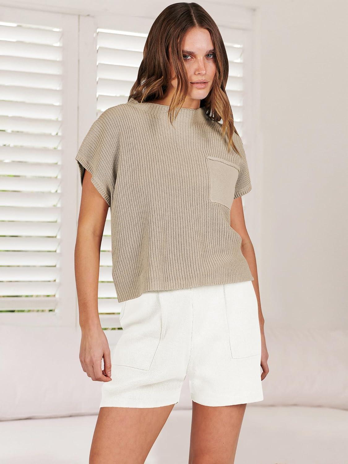 imageANRABESS Womens Two Piece Summer Outfits Knit Sweater Short Sets Pullover Tops ampamp Shorts Lounge Matching Clothes SetKhaki White