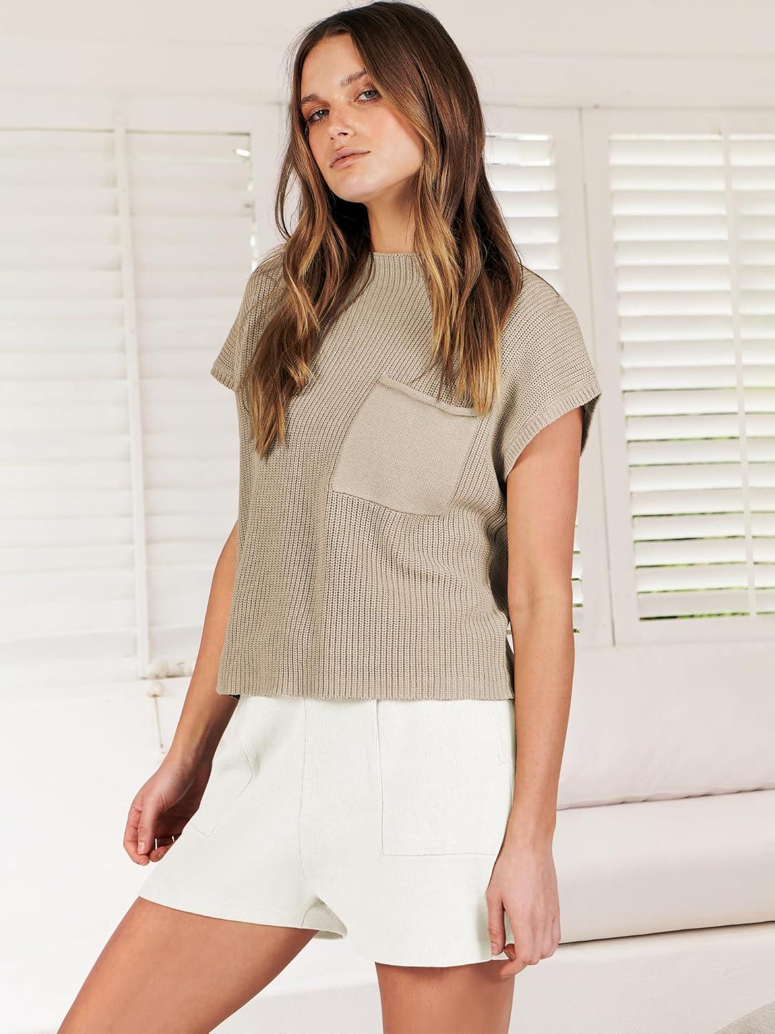 imageANRABESS Womens Two Piece Summer Outfits Knit Sweater Short Sets Pullover Tops ampamp Shorts Lounge Matching Clothes SetKhaki White