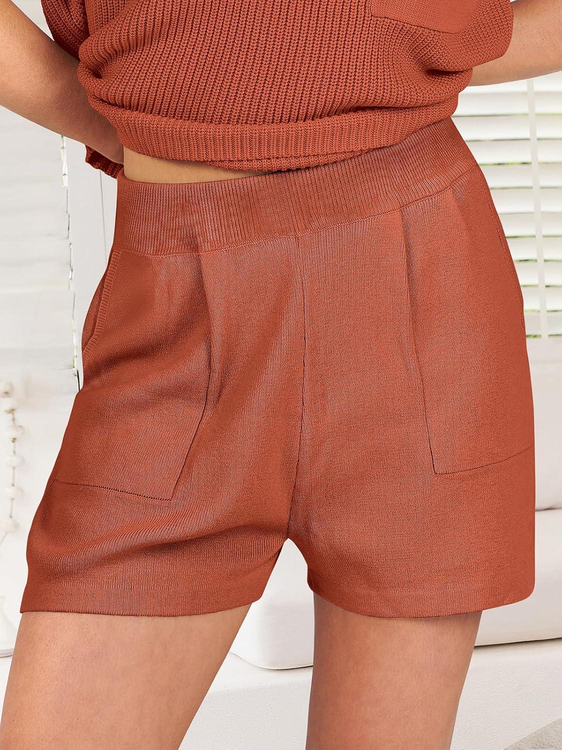 imageANRABESS Womens Two Piece Summer Outfits Knit Sweater Short Sets Pullover Tops ampamp Shorts Lounge Matching Clothes SetRust