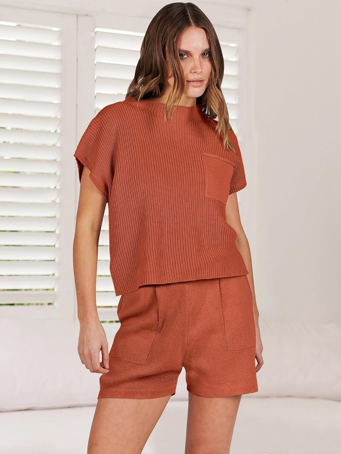 imageANRABESS Womens Two Piece Summer Outfits Knit Sweater Short Sets Pullover Tops ampamp Shorts Lounge Matching Clothes SetRust