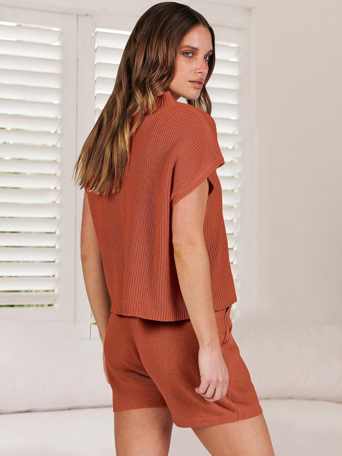 imageANRABESS Womens Two Piece Summer Outfits Knit Sweater Short Sets Pullover Tops ampamp Shorts Lounge Matching Clothes SetRust