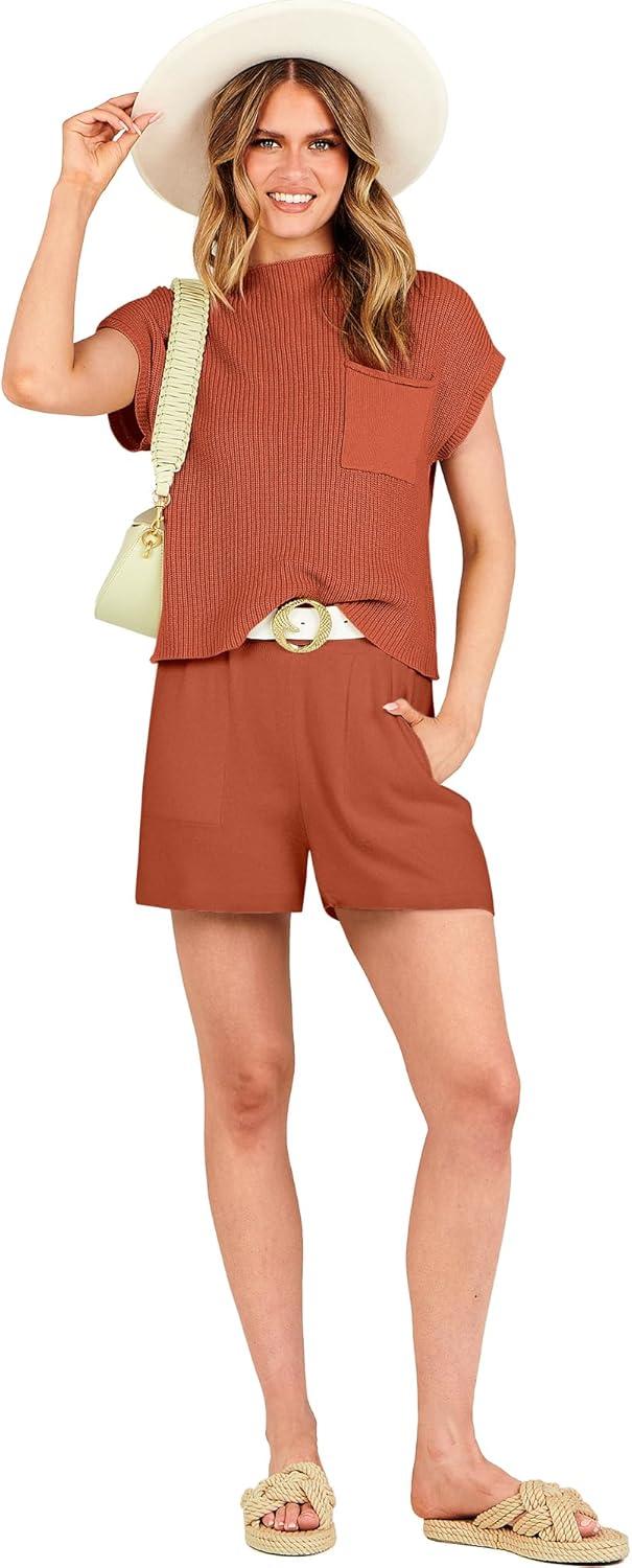 imageANRABESS Womens Two Piece Summer Outfits Knit Sweater Short Sets Pullover Tops ampamp Shorts Lounge Matching Clothes SetRust