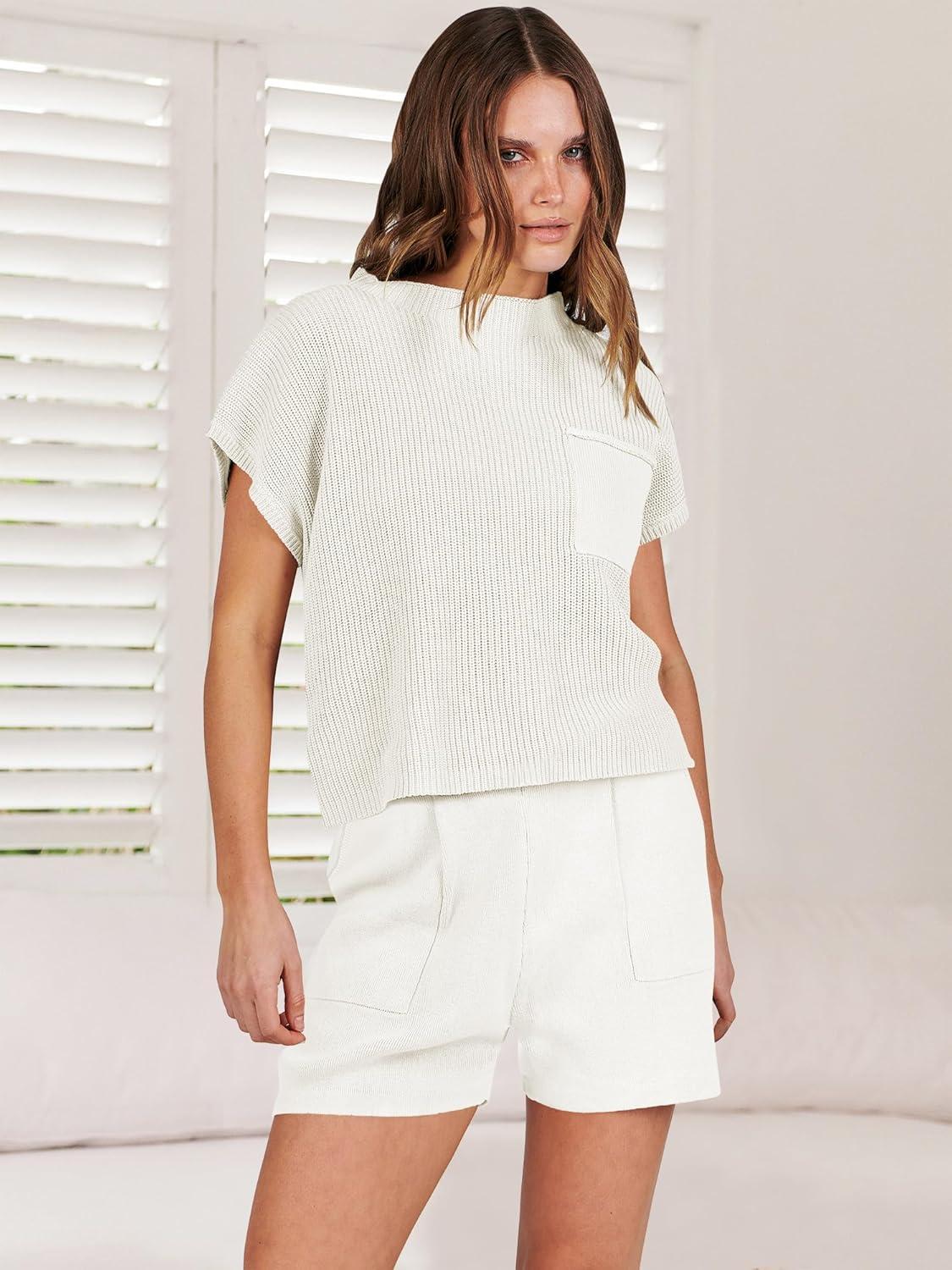 imageANRABESS Womens Two Piece Summer Outfits Knit Sweater Short Sets Pullover Tops ampamp Shorts Lounge Matching Clothes SetWhite