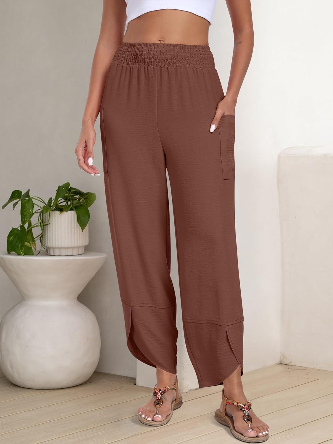 imageANRABESS Womens Wide Leg Palazzo Capri Pants 2025 Summer Casual Loose High Waisted Lounge Flowy Cropped Beach Work TrousersBrown Red