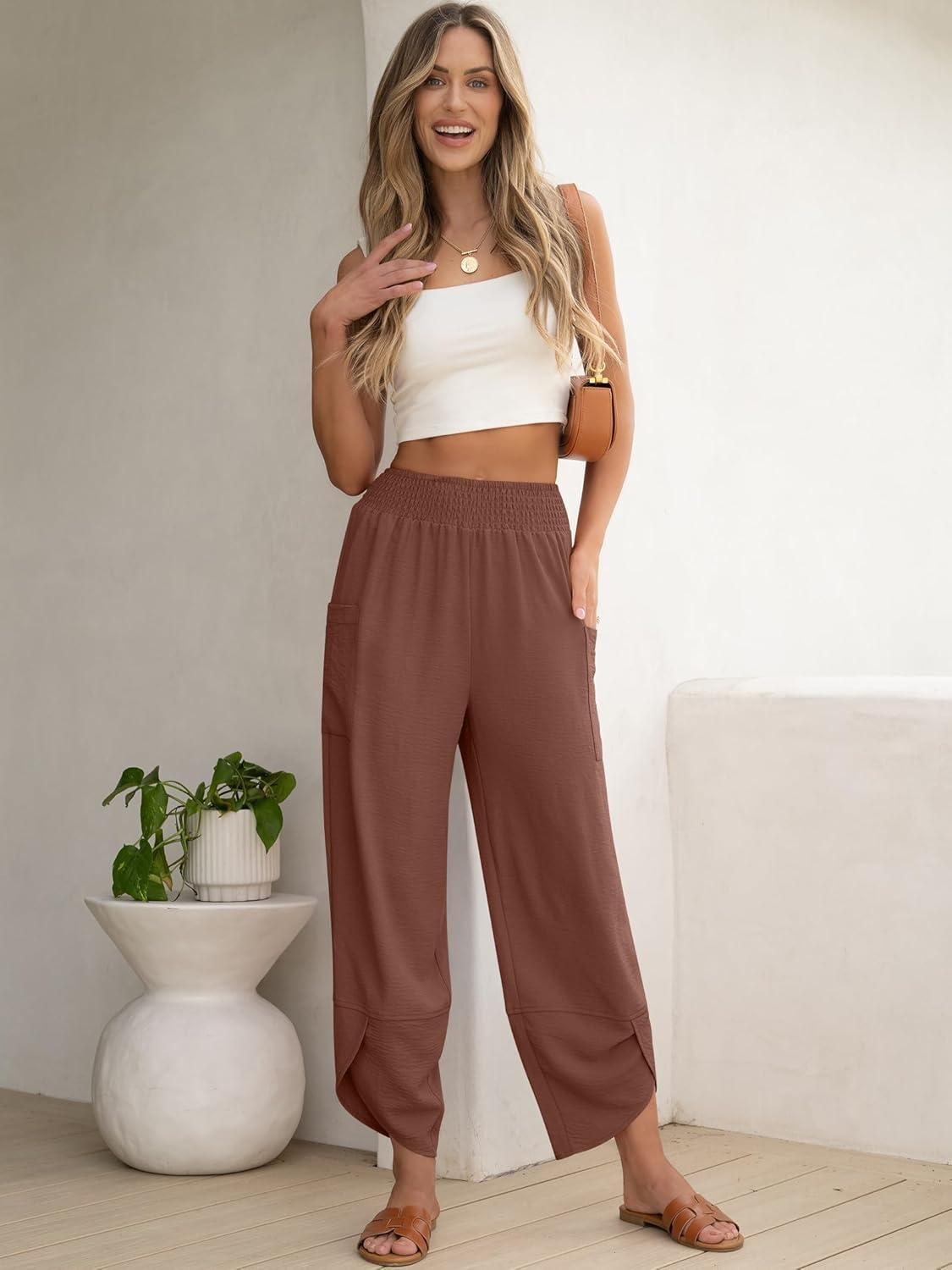imageANRABESS Womens Wide Leg Palazzo Capri Pants 2025 Summer Casual Loose High Waisted Lounge Flowy Cropped Beach Work TrousersBrown Red