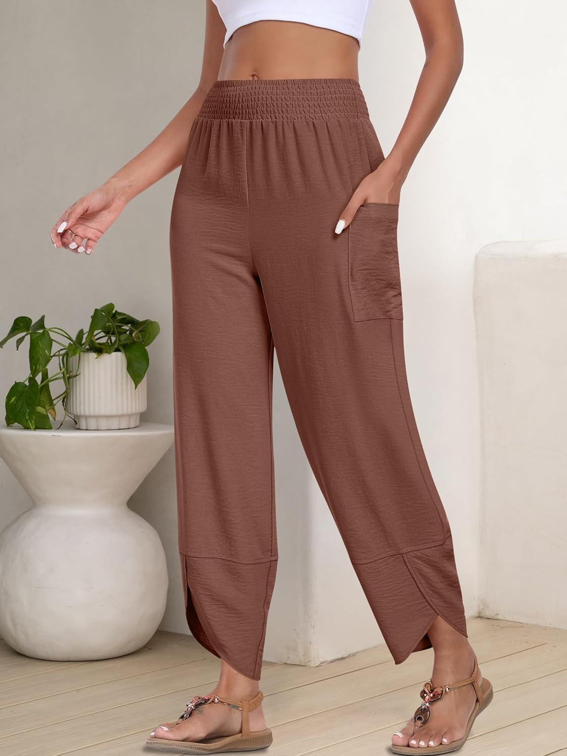 imageANRABESS Womens Wide Leg Palazzo Capri Pants 2025 Summer Casual Loose High Waisted Lounge Flowy Cropped Beach Work TrousersBrown Red
