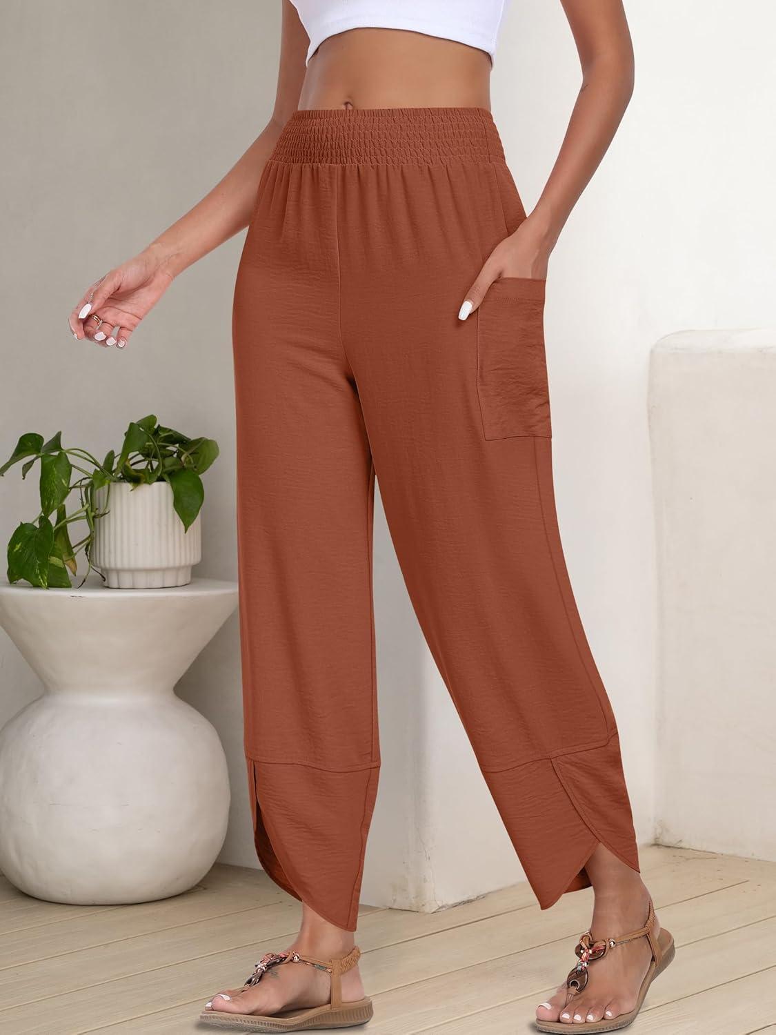 imageANRABESS Womens Wide Leg Palazzo Capri Pants 2025 Summer Casual Loose High Waisted Lounge Flowy Cropped Beach Work TrousersCaramel