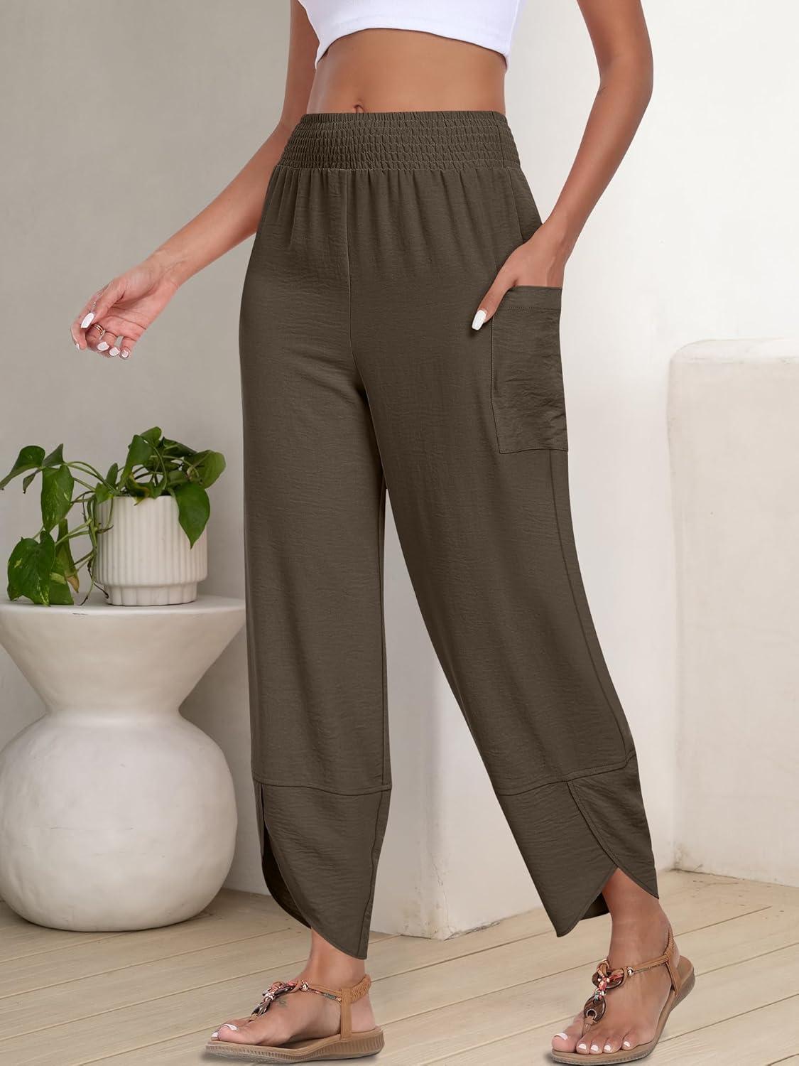 imageANRABESS Womens Wide Leg Palazzo Capri Pants 2025 Summer Casual Loose High Waisted Lounge Flowy Cropped Beach Work TrousersCoffee