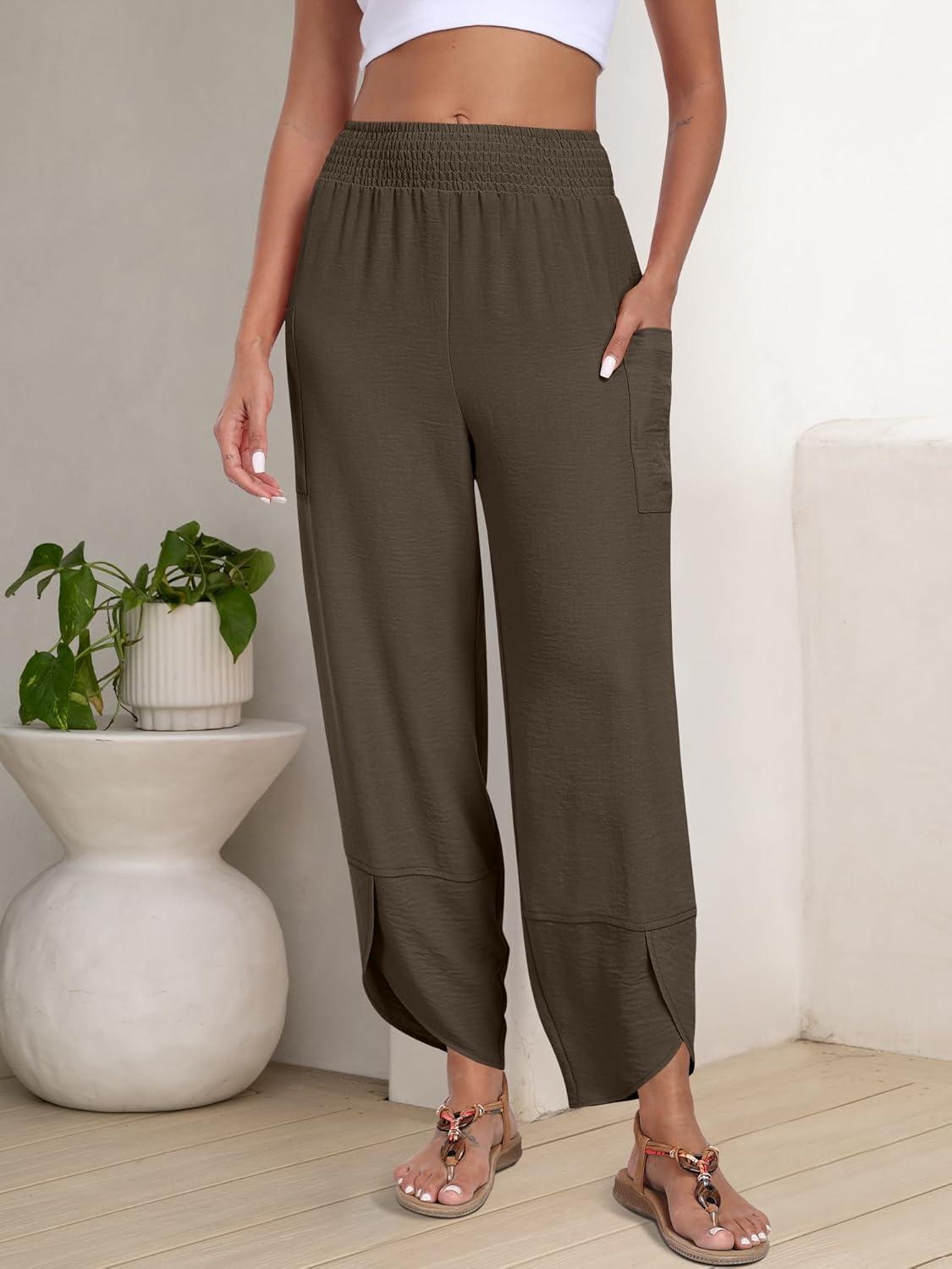 imageANRABESS Womens Wide Leg Palazzo Capri Pants 2025 Summer Casual Loose High Waisted Lounge Flowy Cropped Beach Work TrousersCoffee