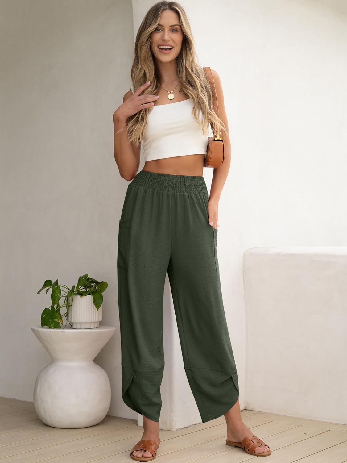 imageANRABESS Womens Wide Leg Palazzo Capri Pants 2025 Summer Casual Loose High Waisted Lounge Flowy Cropped Beach Work TrousersDark Green