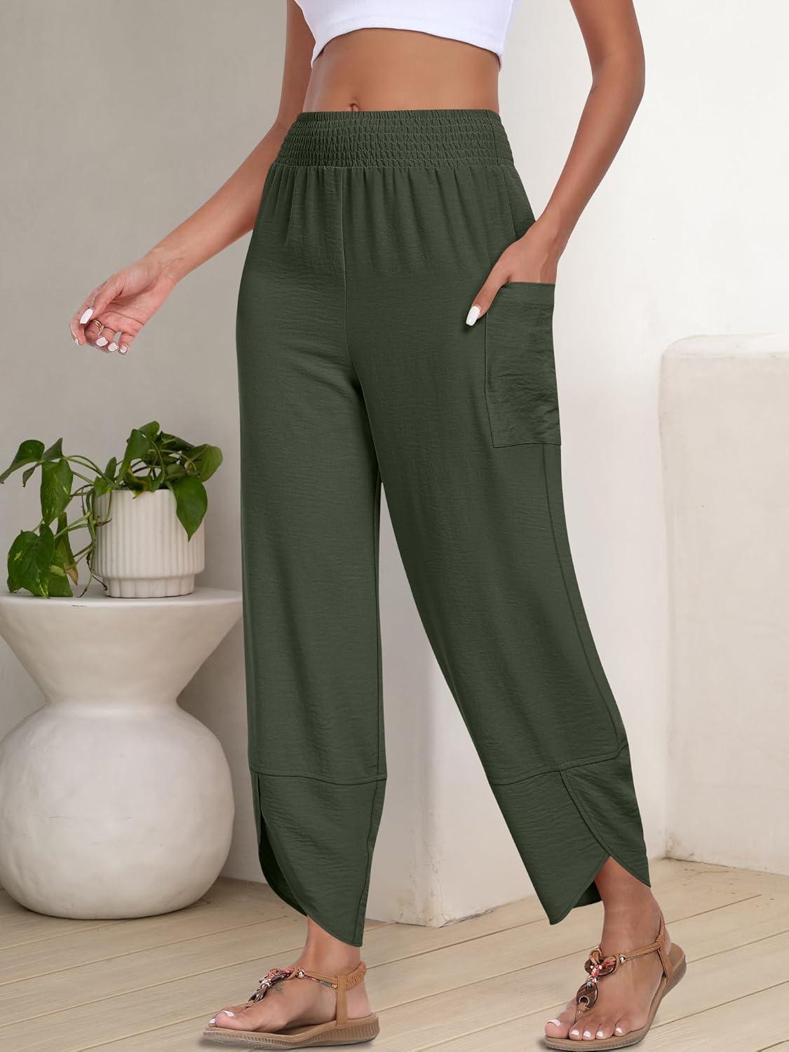 imageANRABESS Womens Wide Leg Palazzo Capri Pants 2025 Summer Casual Loose High Waisted Lounge Flowy Cropped Beach Work TrousersDark Green