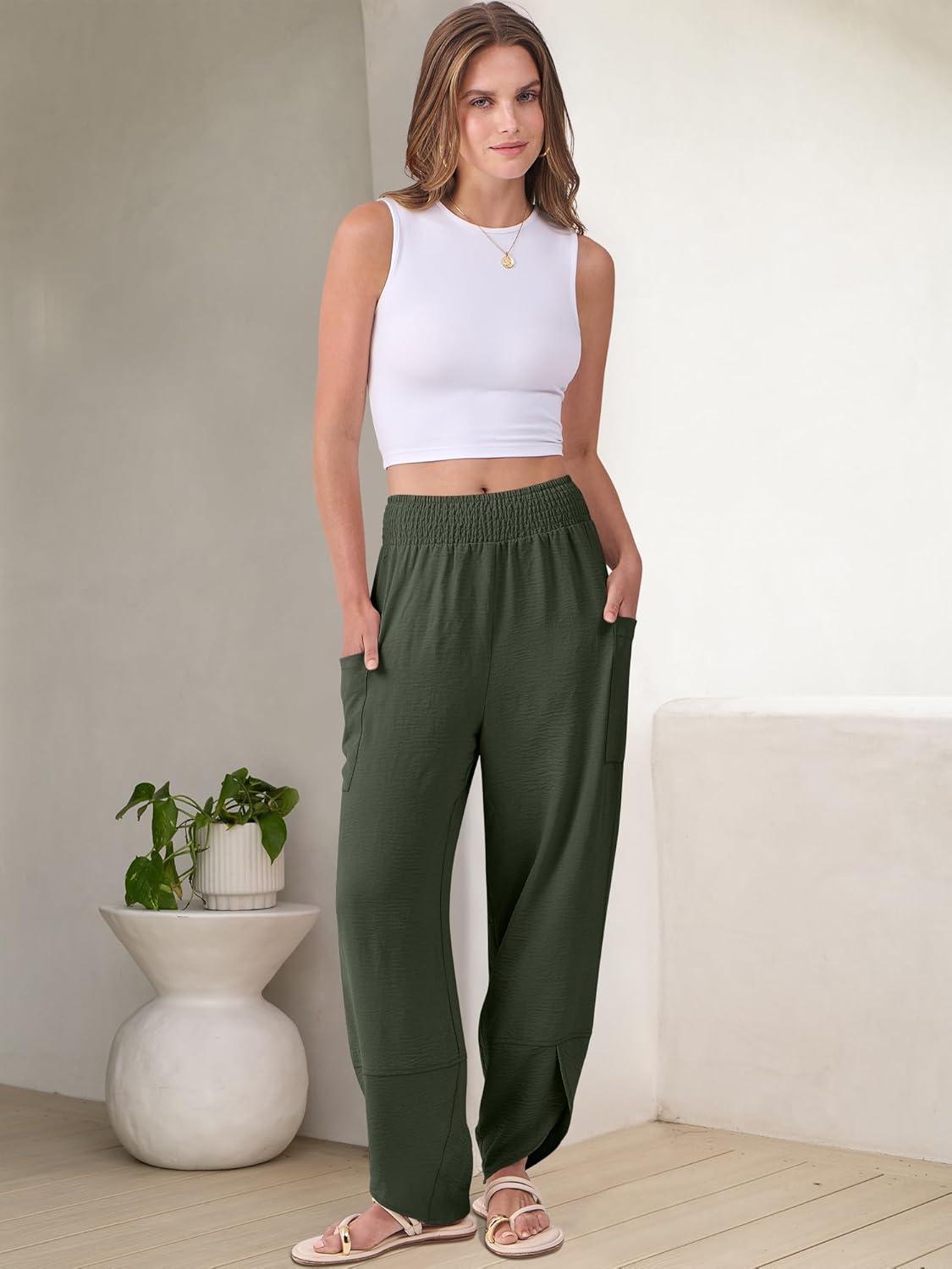 imageANRABESS Womens Wide Leg Palazzo Capri Pants 2025 Summer Casual Loose High Waisted Lounge Flowy Cropped Beach Work TrousersDark Green