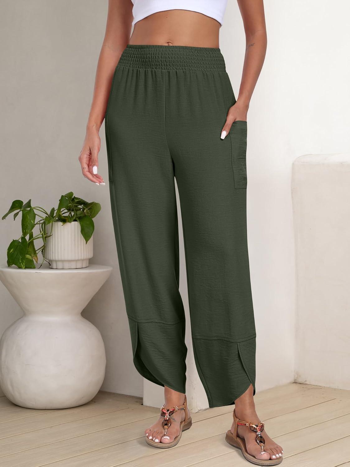 imageANRABESS Womens Wide Leg Palazzo Capri Pants 2025 Summer Casual Loose High Waisted Lounge Flowy Cropped Beach Work TrousersDark Green