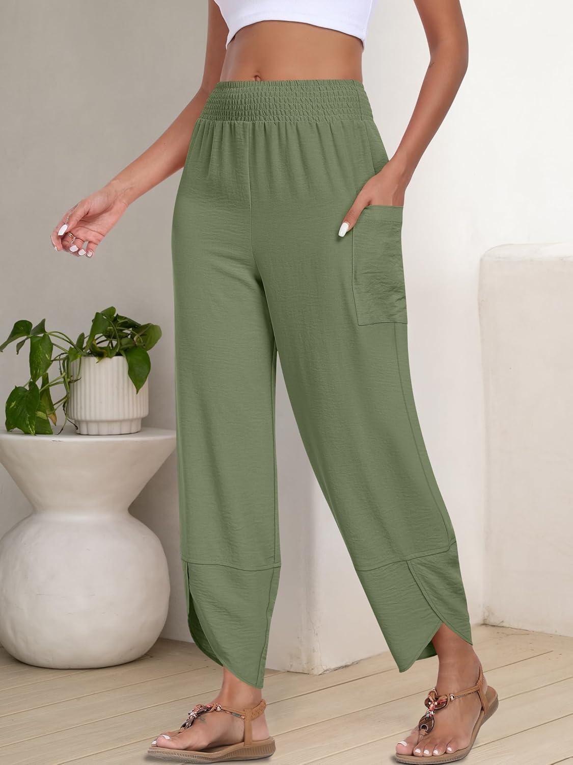 imageANRABESS Womens Wide Leg Palazzo Capri Pants 2025 Summer Casual Loose High Waisted Lounge Flowy Cropped Beach Work TrousersGreen