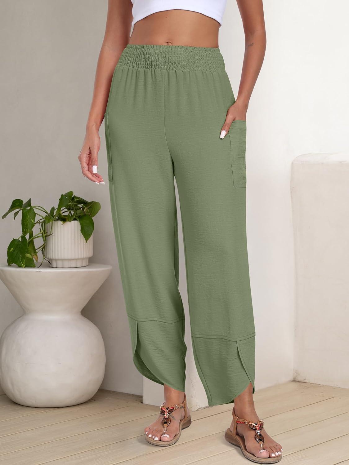 imageANRABESS Womens Wide Leg Palazzo Capri Pants 2025 Summer Casual Loose High Waisted Lounge Flowy Cropped Beach Work TrousersGreen