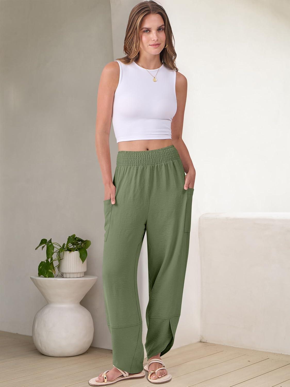 imageANRABESS Womens Wide Leg Palazzo Capri Pants 2025 Summer Casual Loose High Waisted Lounge Flowy Cropped Beach Work TrousersGreen