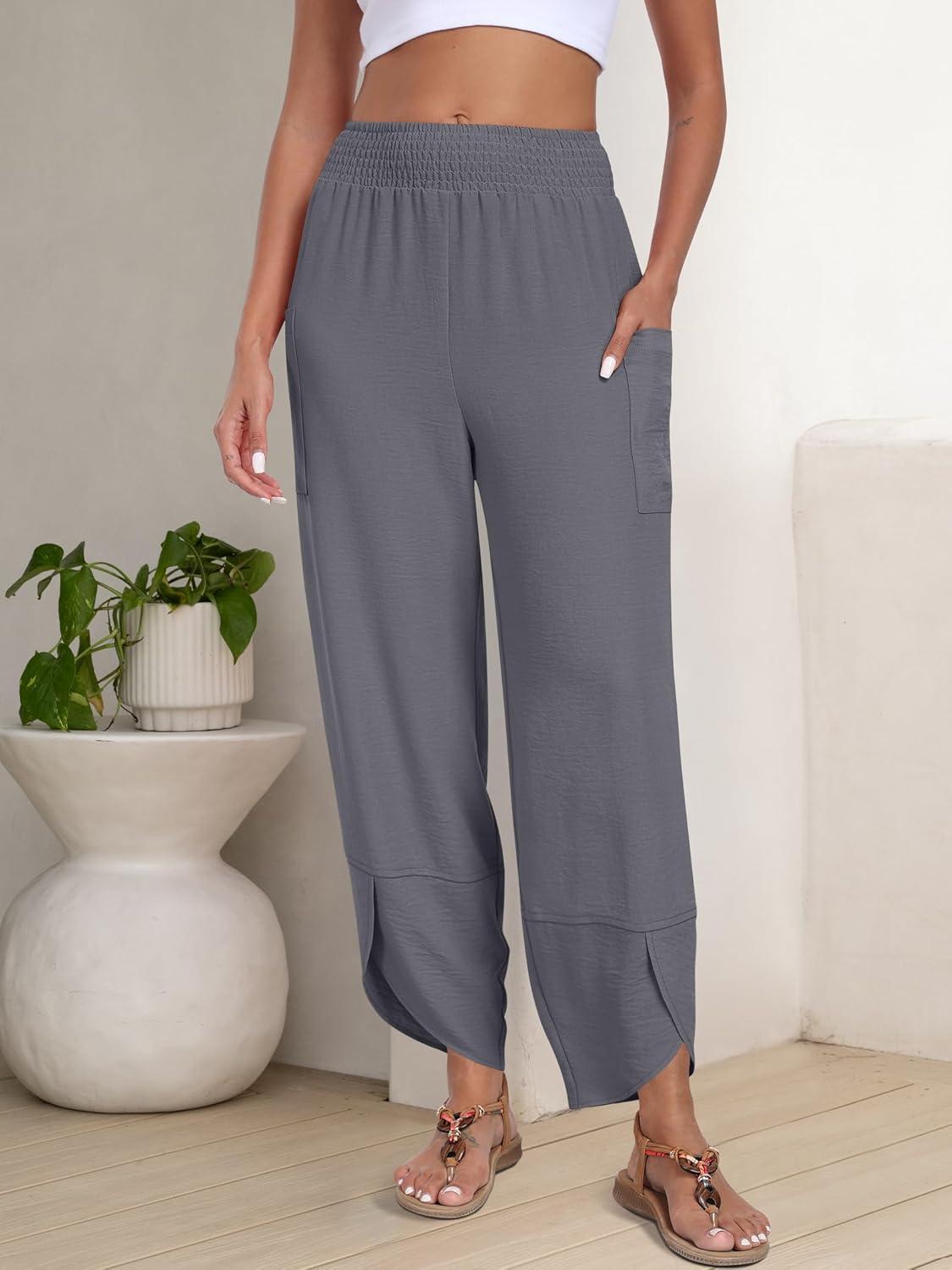 imageANRABESS Womens Wide Leg Palazzo Capri Pants 2025 Summer Casual Loose High Waisted Lounge Flowy Cropped Beach Work TrousersGrey
