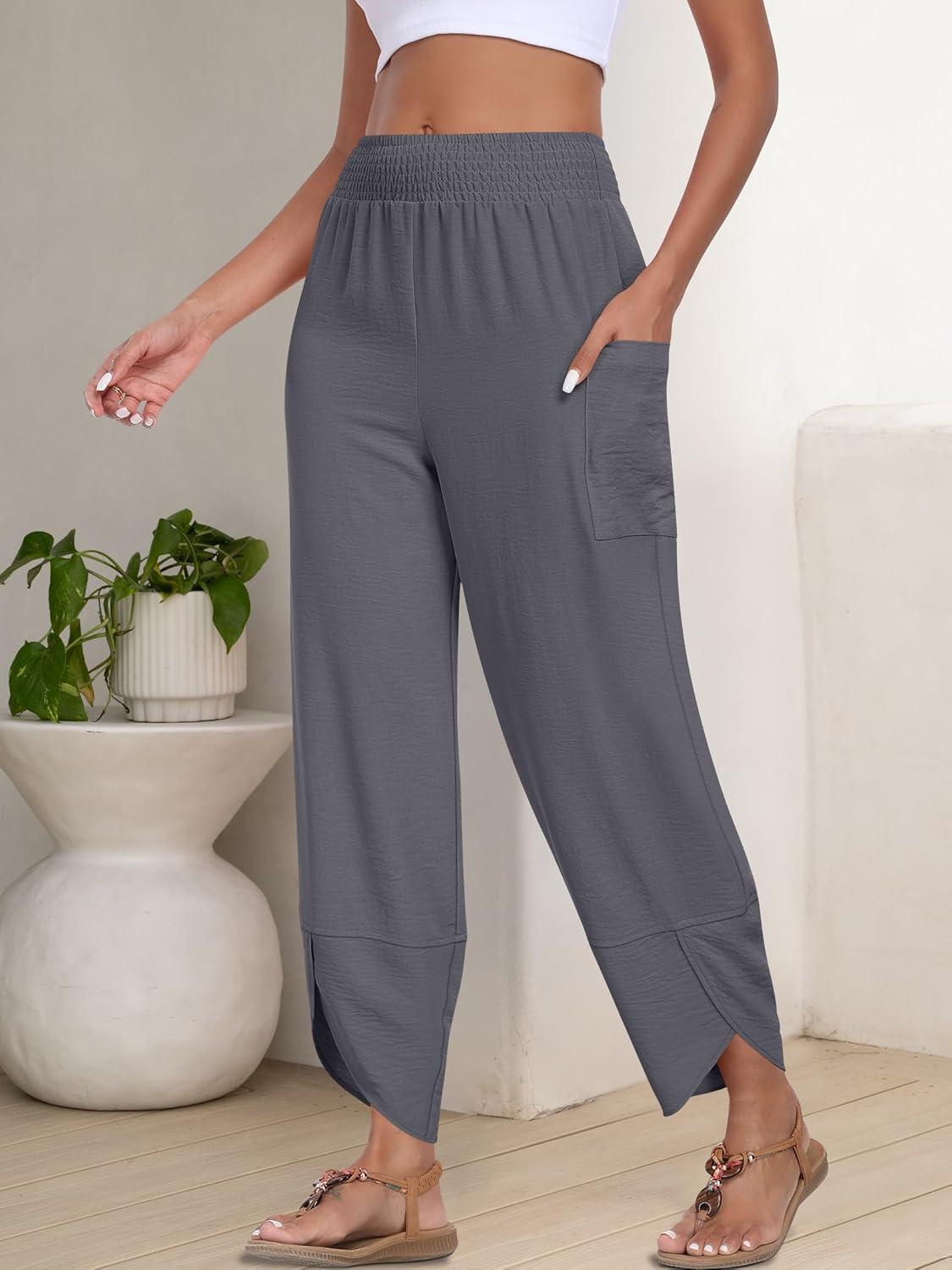 imageANRABESS Womens Wide Leg Palazzo Capri Pants 2025 Summer Casual Loose High Waisted Lounge Flowy Cropped Beach Work TrousersGrey