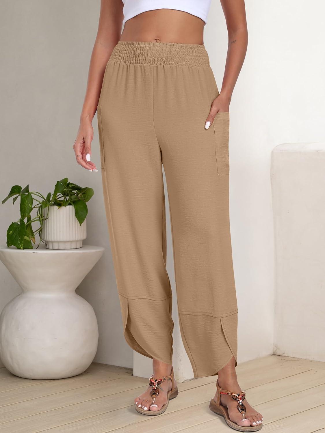 imageANRABESS Womens Wide Leg Palazzo Capri Pants 2025 Summer Casual Loose High Waisted Lounge Flowy Cropped Beach Work TrousersKhaki