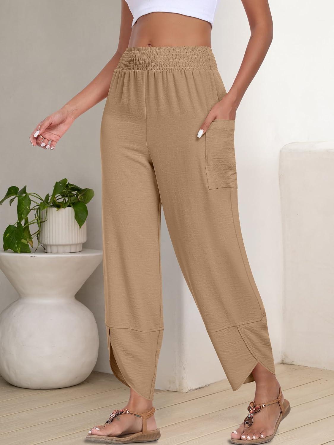 imageANRABESS Womens Wide Leg Palazzo Capri Pants 2025 Summer Casual Loose High Waisted Lounge Flowy Cropped Beach Work TrousersKhaki