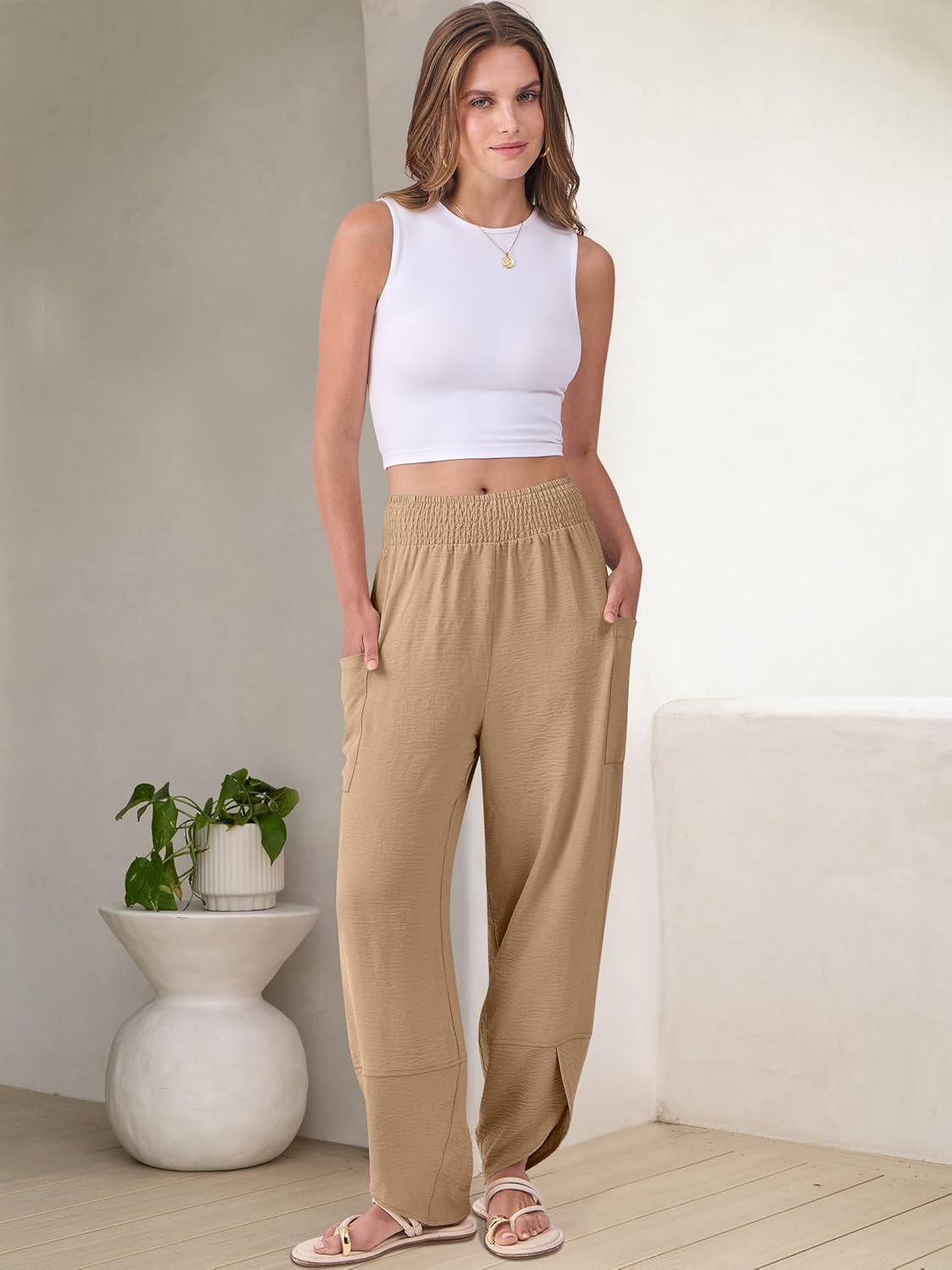 imageANRABESS Womens Wide Leg Palazzo Capri Pants 2025 Summer Casual Loose High Waisted Lounge Flowy Cropped Beach Work TrousersKhaki