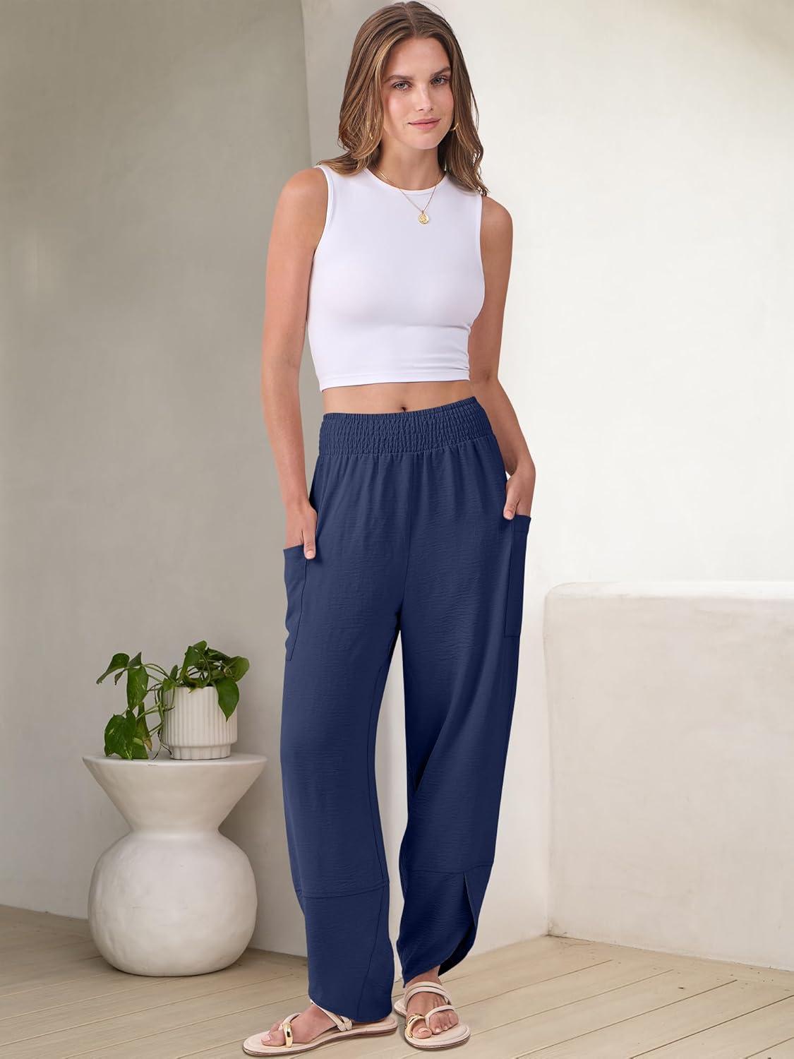 imageANRABESS Womens Wide Leg Palazzo Capri Pants 2025 Summer Casual Loose High Waisted Lounge Flowy Cropped Beach Work TrousersNavy Blue