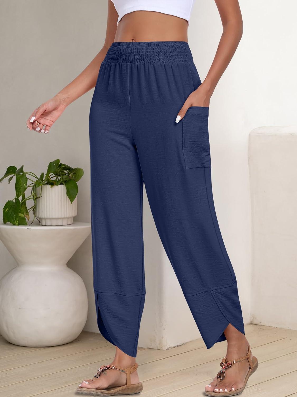 imageANRABESS Womens Wide Leg Palazzo Capri Pants 2025 Summer Casual Loose High Waisted Lounge Flowy Cropped Beach Work TrousersNavy Blue