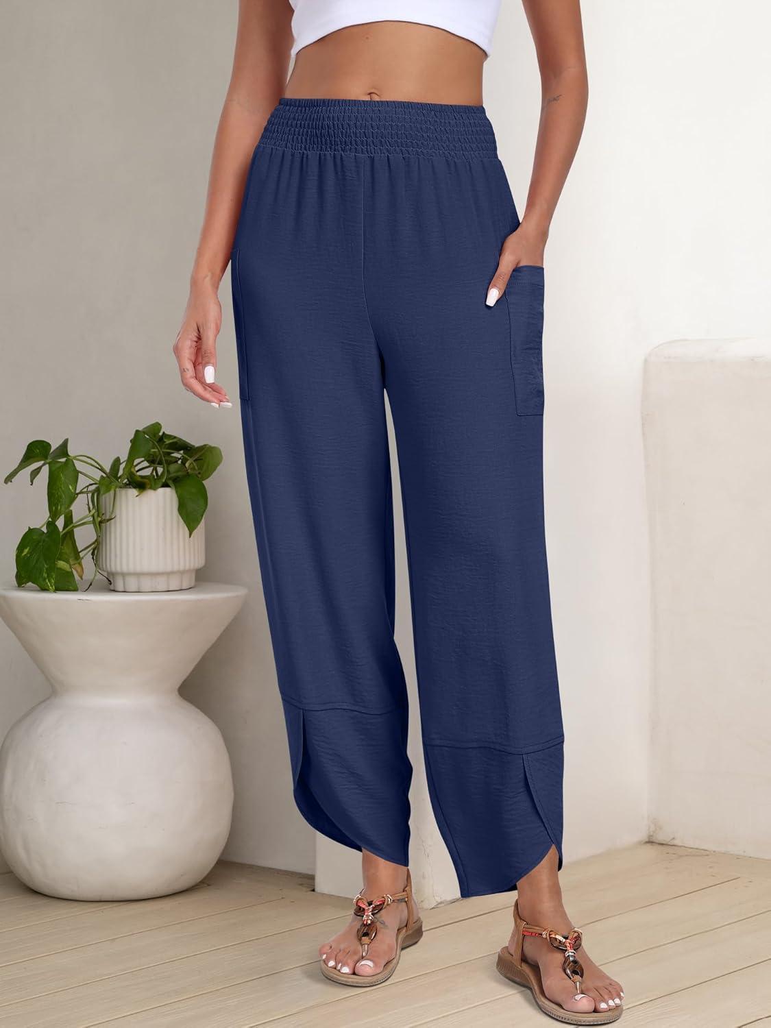 imageANRABESS Womens Wide Leg Palazzo Capri Pants 2025 Summer Casual Loose High Waisted Lounge Flowy Cropped Beach Work TrousersNavy Blue